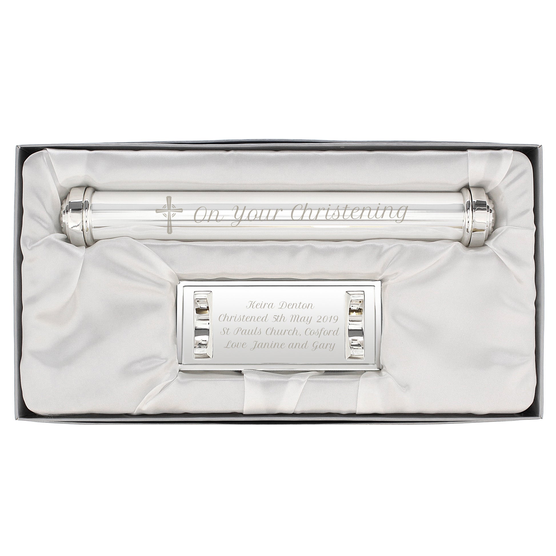 Silver christening candle holder with engraving in a box