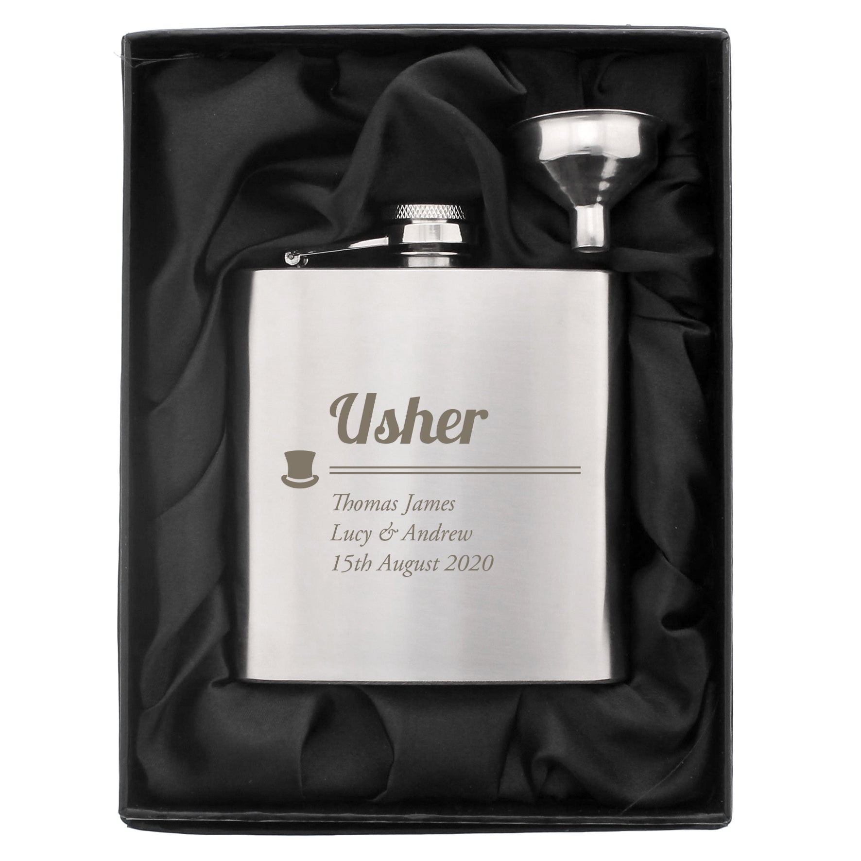Silver flask with engraved text in a black satin-lined box