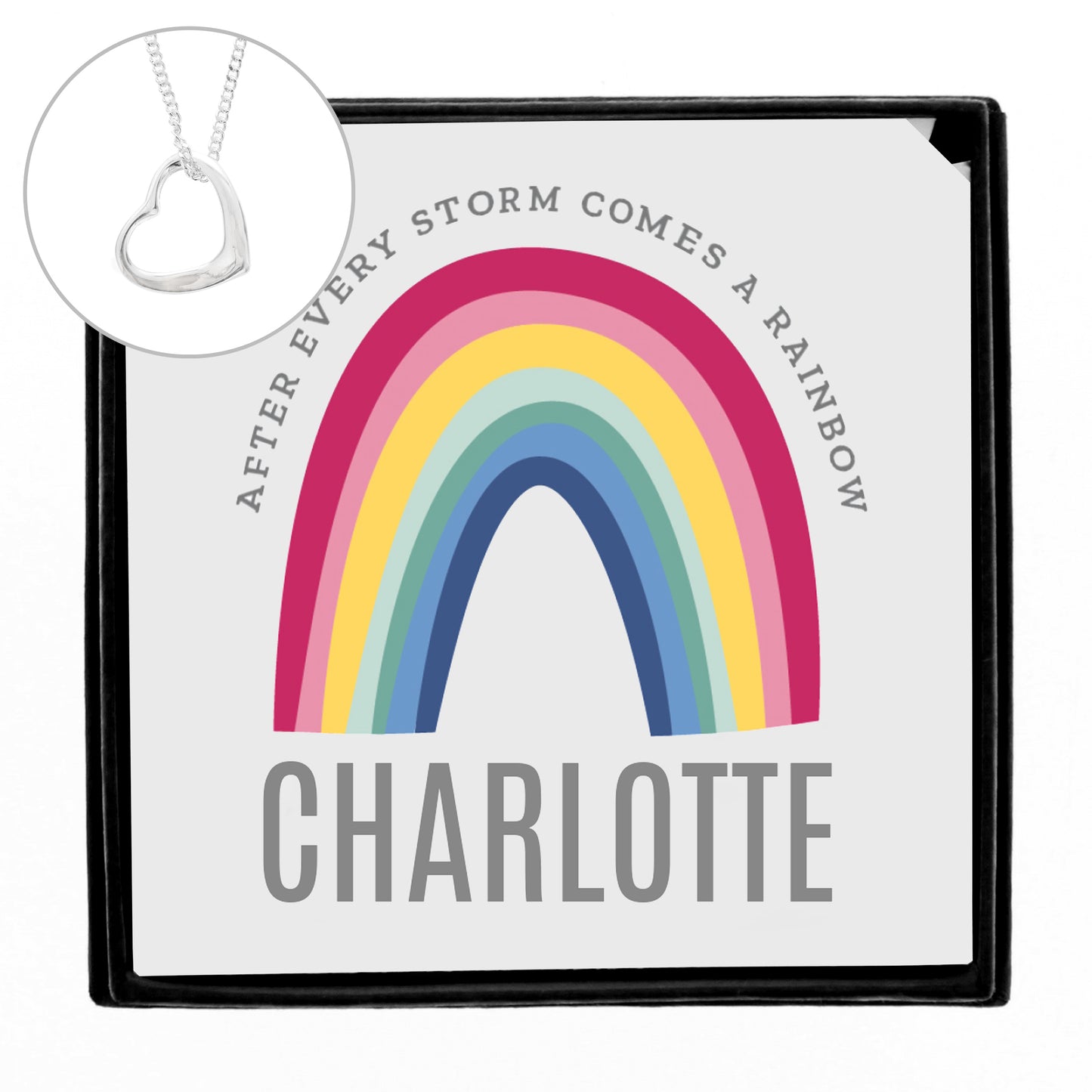 Jewelry box with rainbow design and 'Charlotte' text, featuring a heart-shaped pendant.