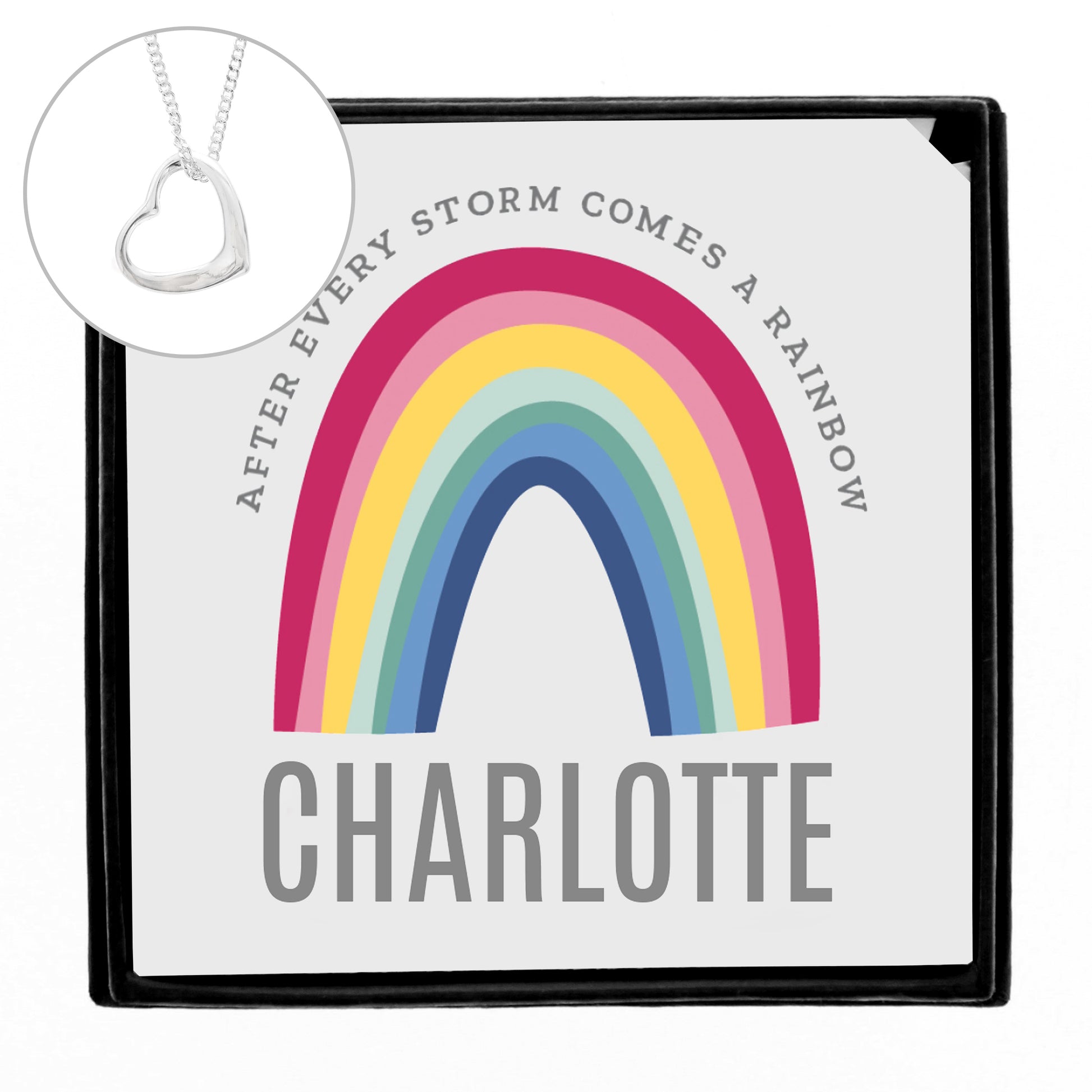 Jewelry box with rainbow design and 'Charlotte' text, featuring a heart-shaped pendant.