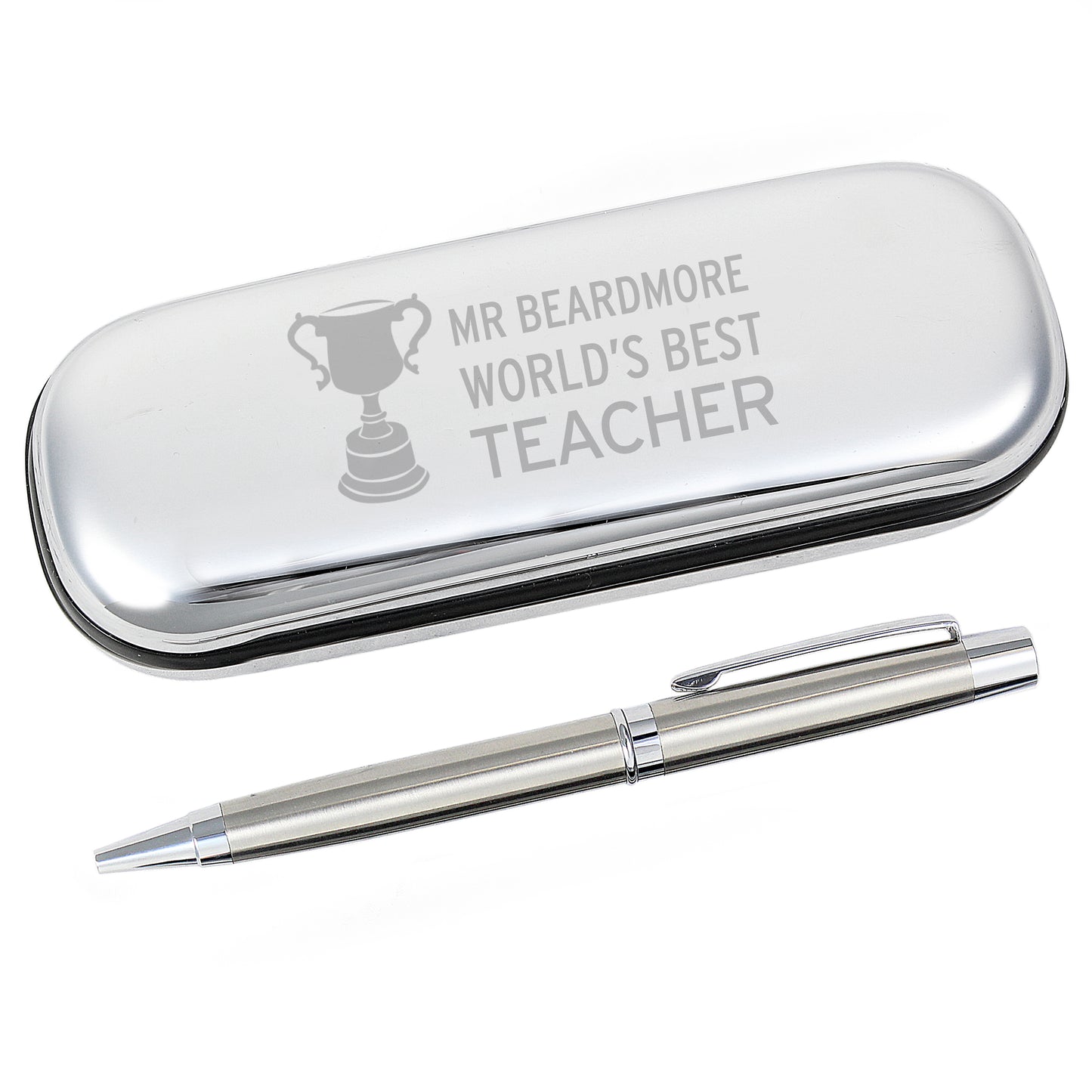 Silver pen with case engraved 'Mr Beardmore World's Best Teacher' on a white background