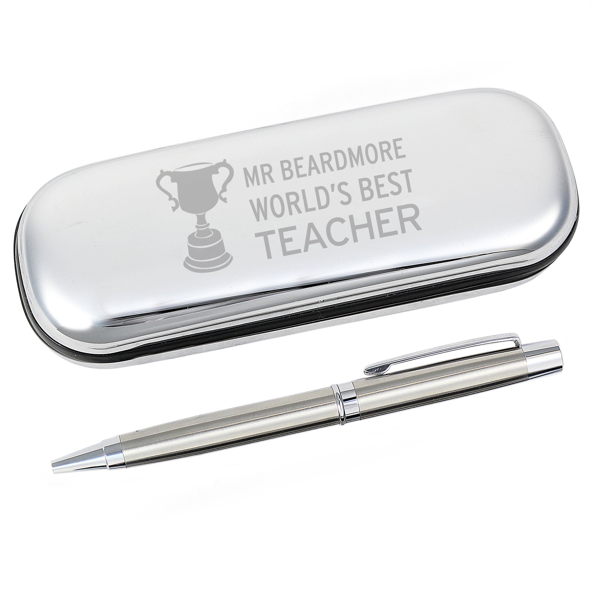 Silver pen with case engraved 'Mr Beardmore World's Best Teacher' on a white background