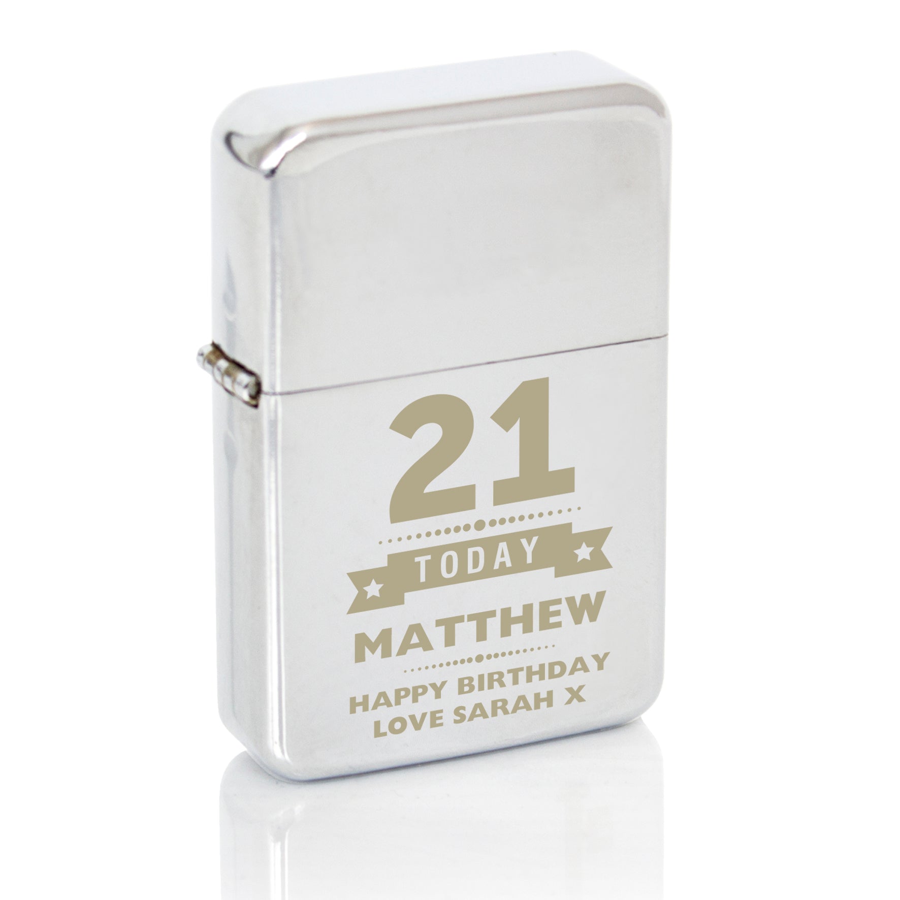 Personalised lighter with gold text on a white background