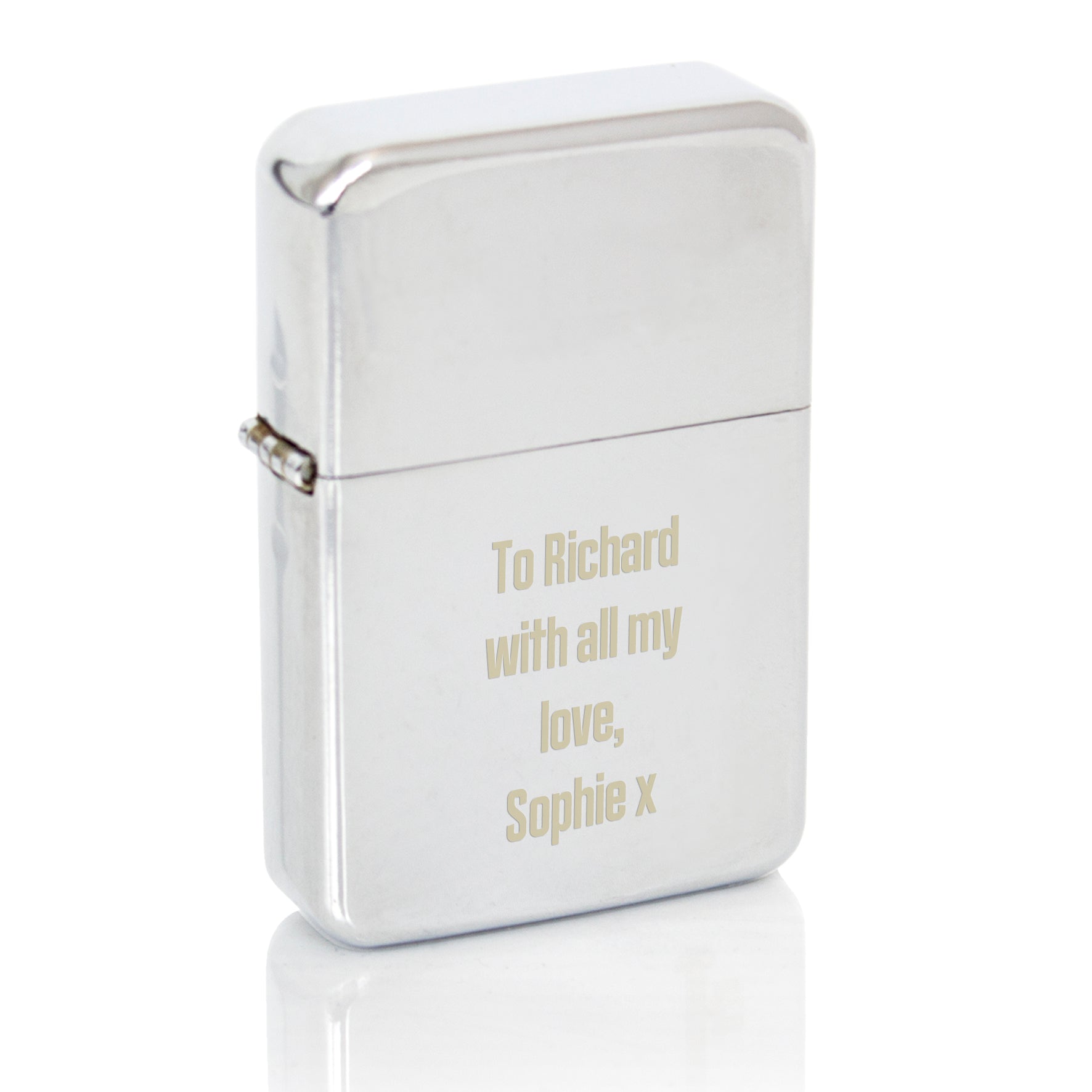 Silver lighter with engraved text on a white background