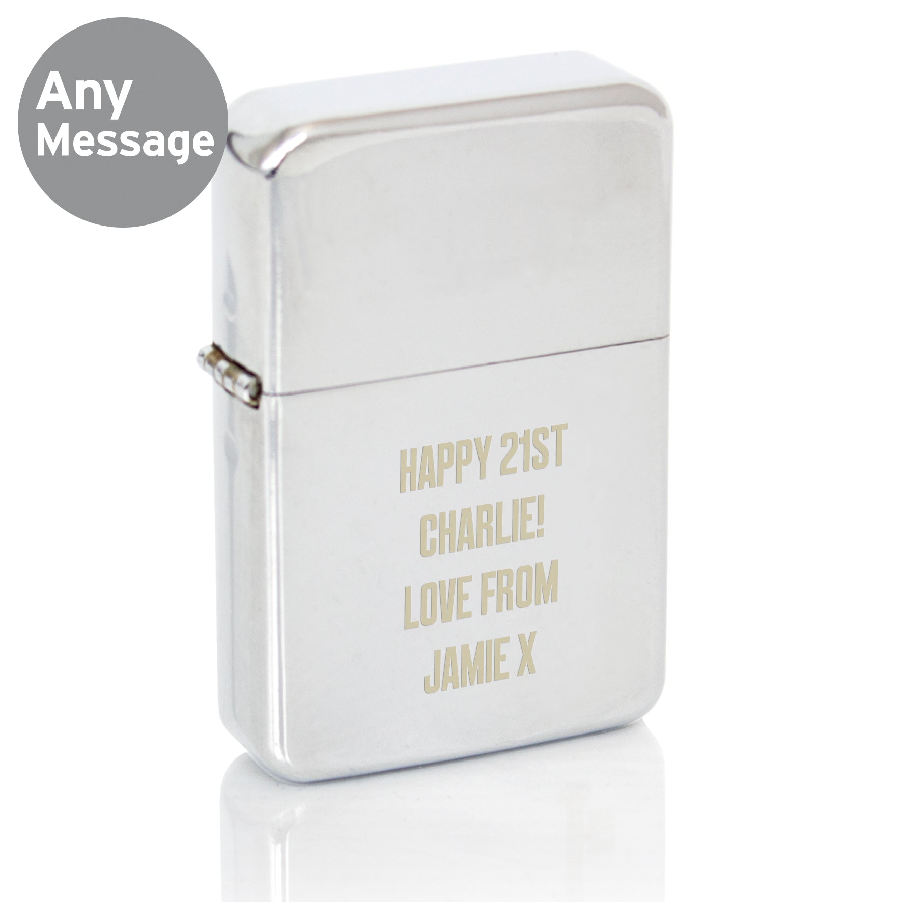 Personalised lighter with gold text on a white background