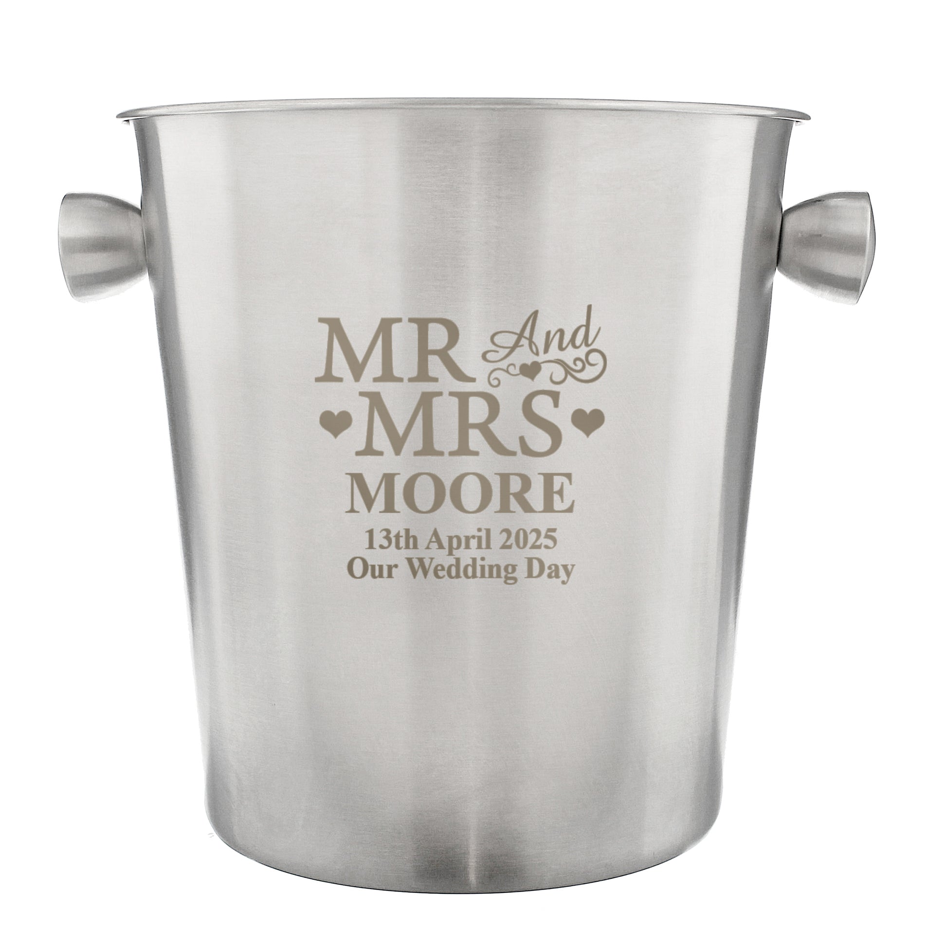 Stainless steel ice bucket with engraved text 'MR AND MRS MOORE 13th April 2025 Our Wedding Day' on a white background.