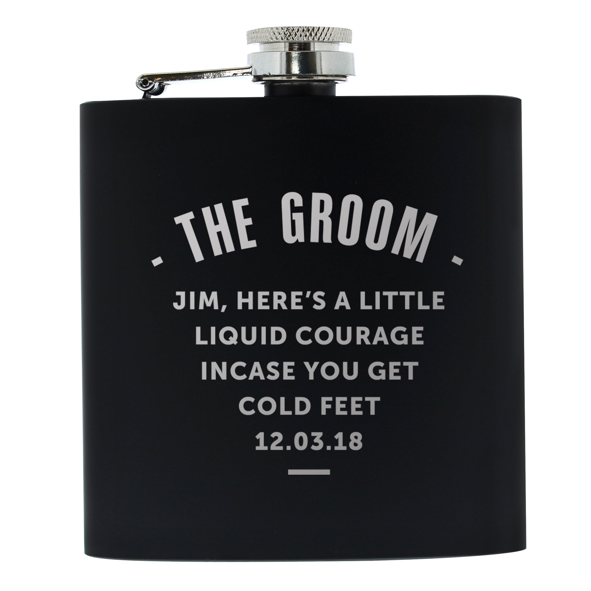 Black flask with white text personalised for 'The Groom' on a white background