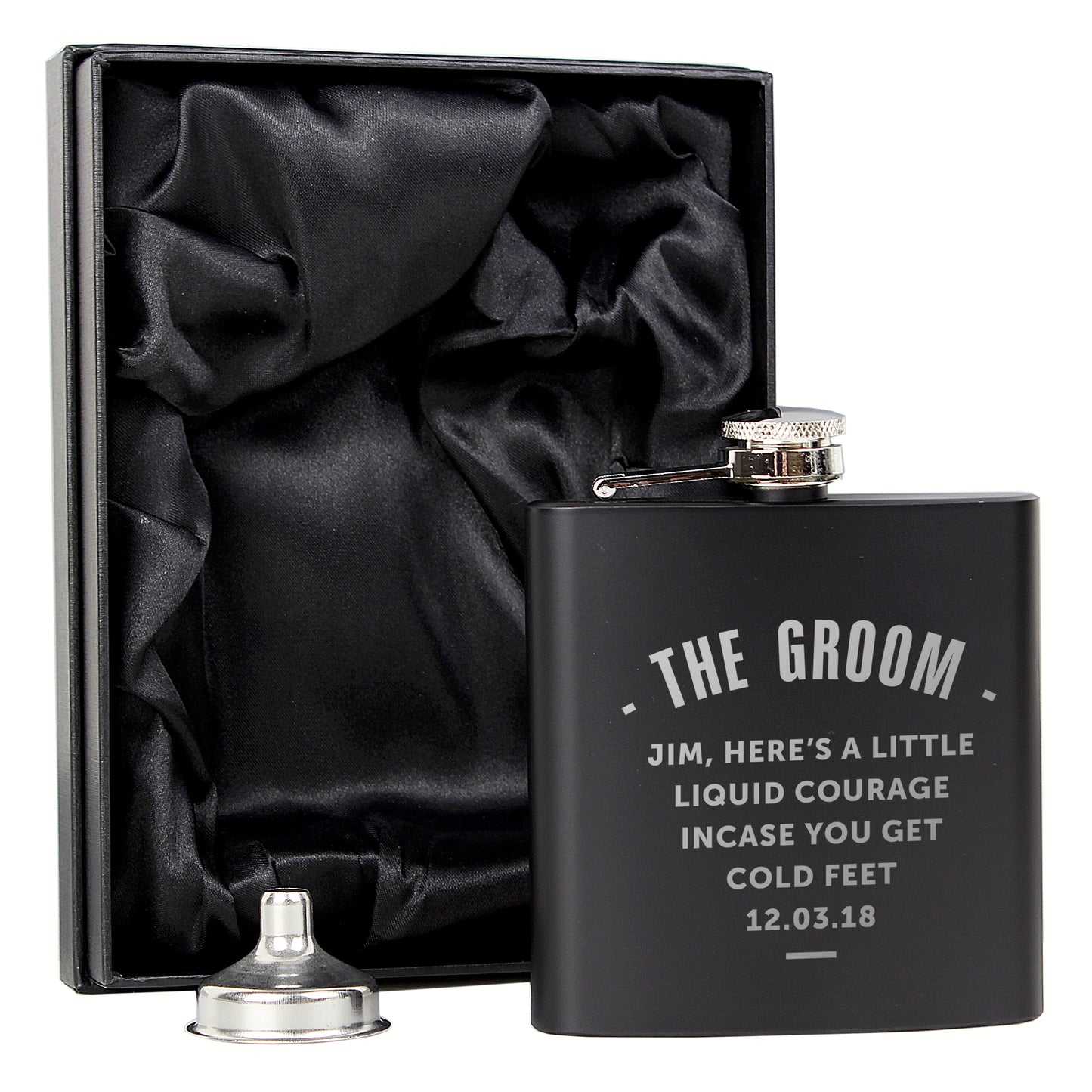 Black flask with engraved text in a black satin-lined box