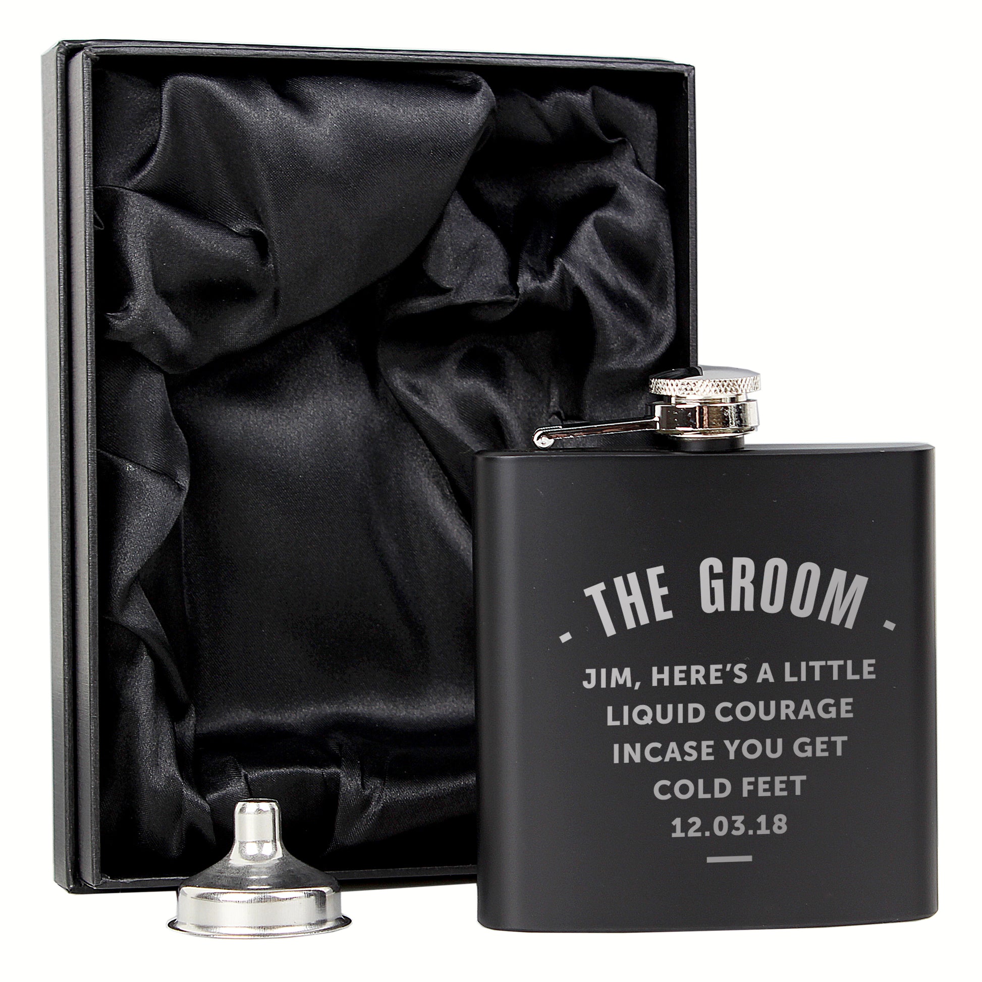 Black flask with engraved text in a black satin-lined box