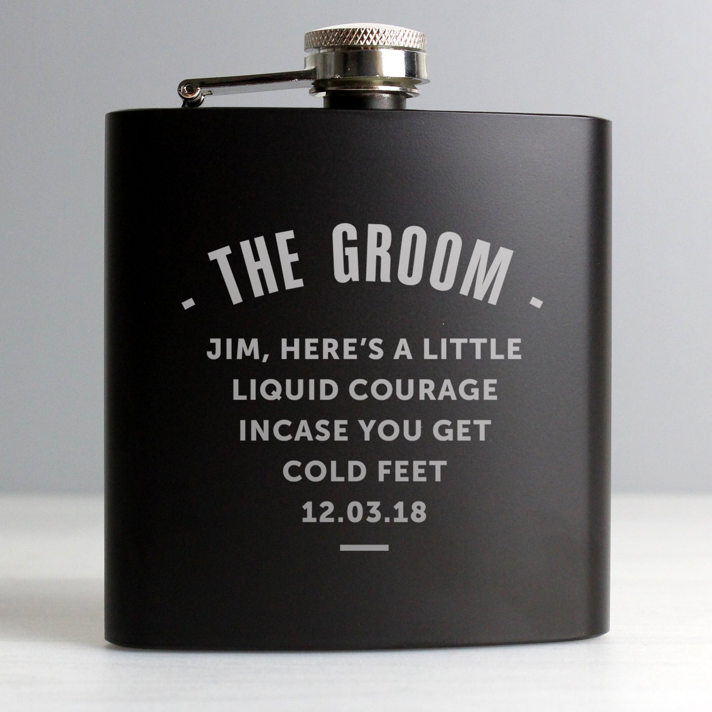 Black flask with personalised text on a white background