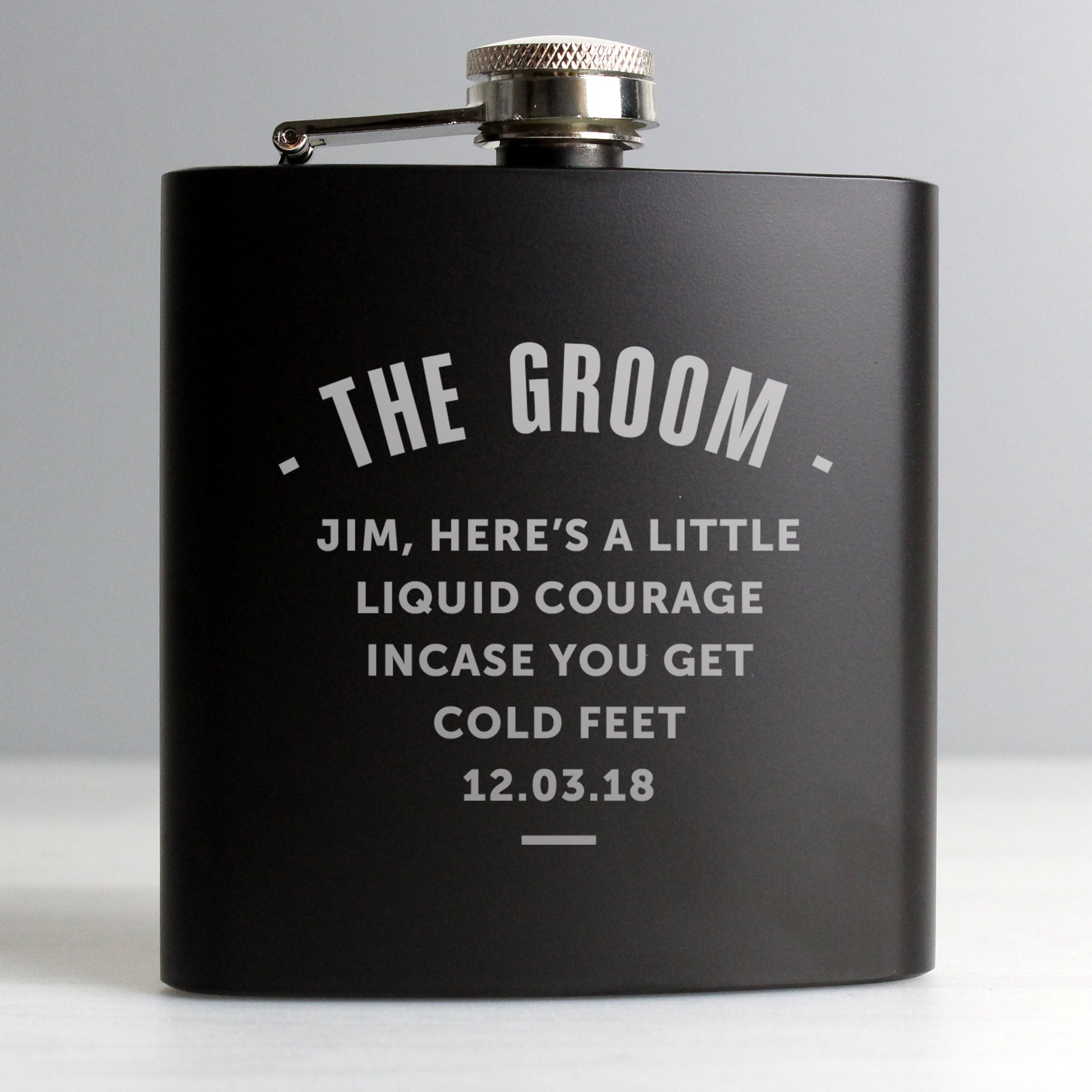 Black flask with personalised text on a white background