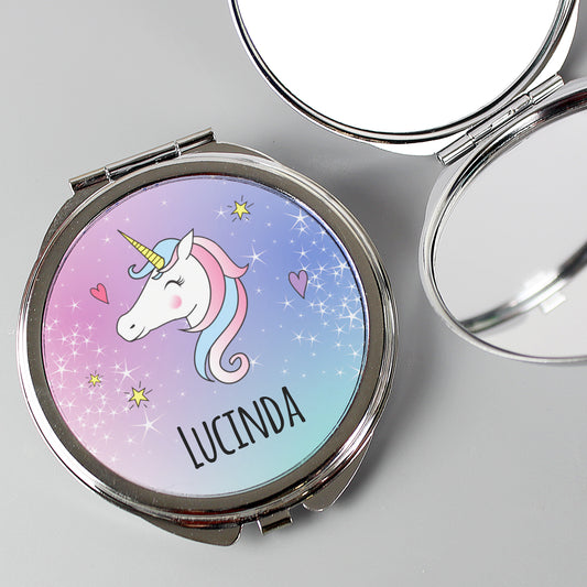Personalised Compact mirror with unicorn design and 'Lucinda' text on a gradient background
