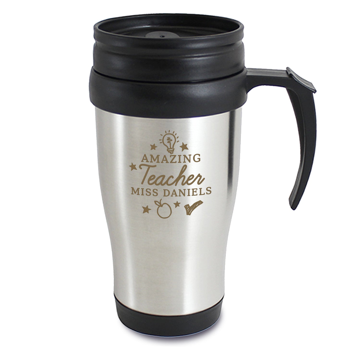 Stainless steel travel mug with black handle and lid, engraved with 'Amazing Teacher Miss Daniels'.