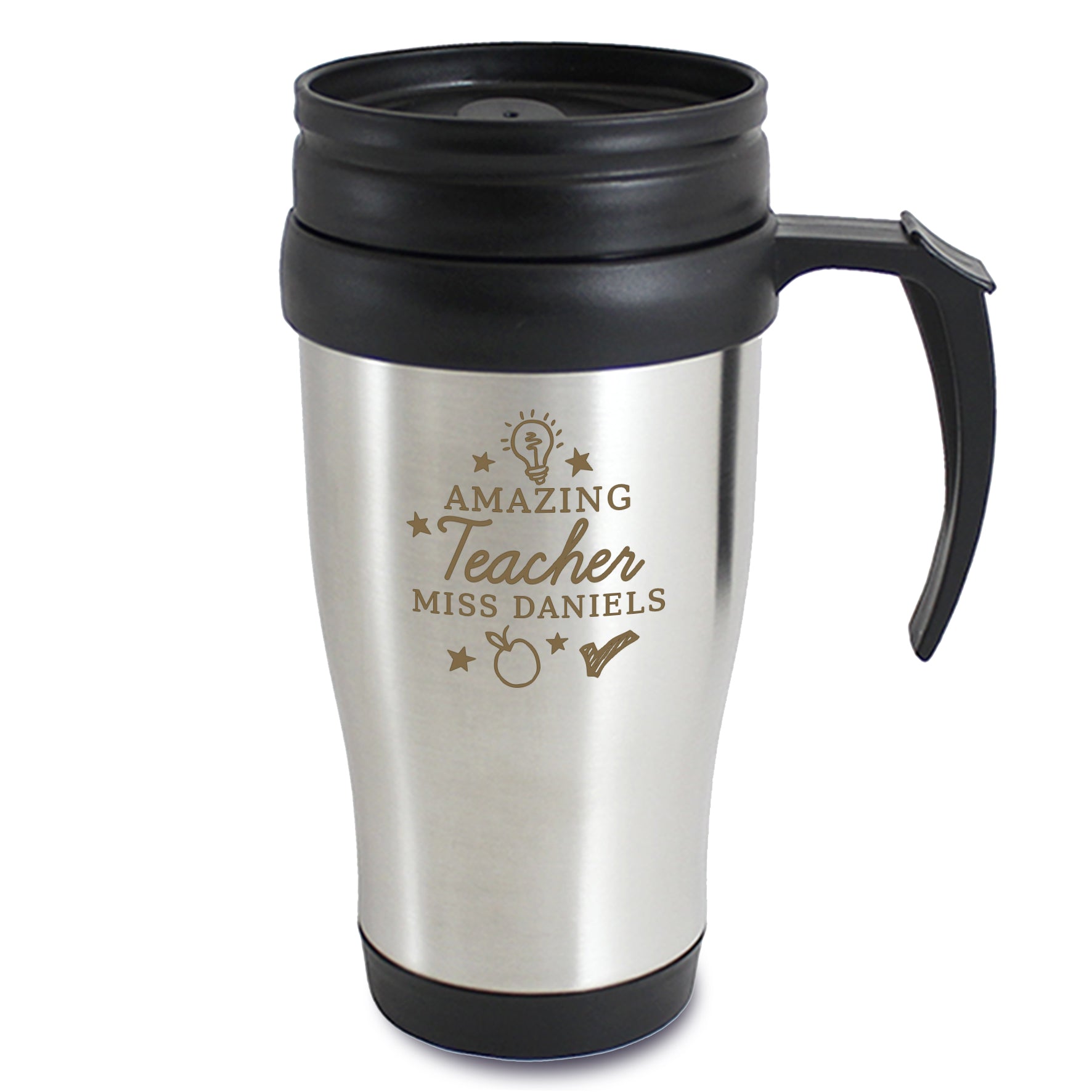 Stainless steel travel mug with black handle and lid, engraved with 'Amazing Teacher Miss Daniels'.