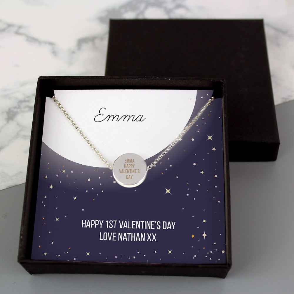 Necklace in a gift box with 'Happy 1st Valentine's Day' message on a marble background