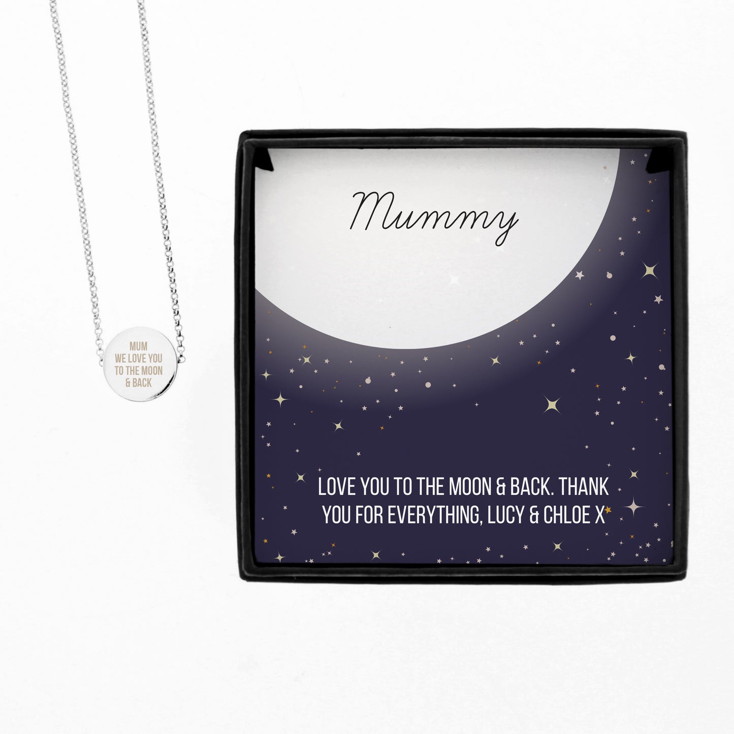 Necklace with a heart pendant in a personalised jewellery box on a white background