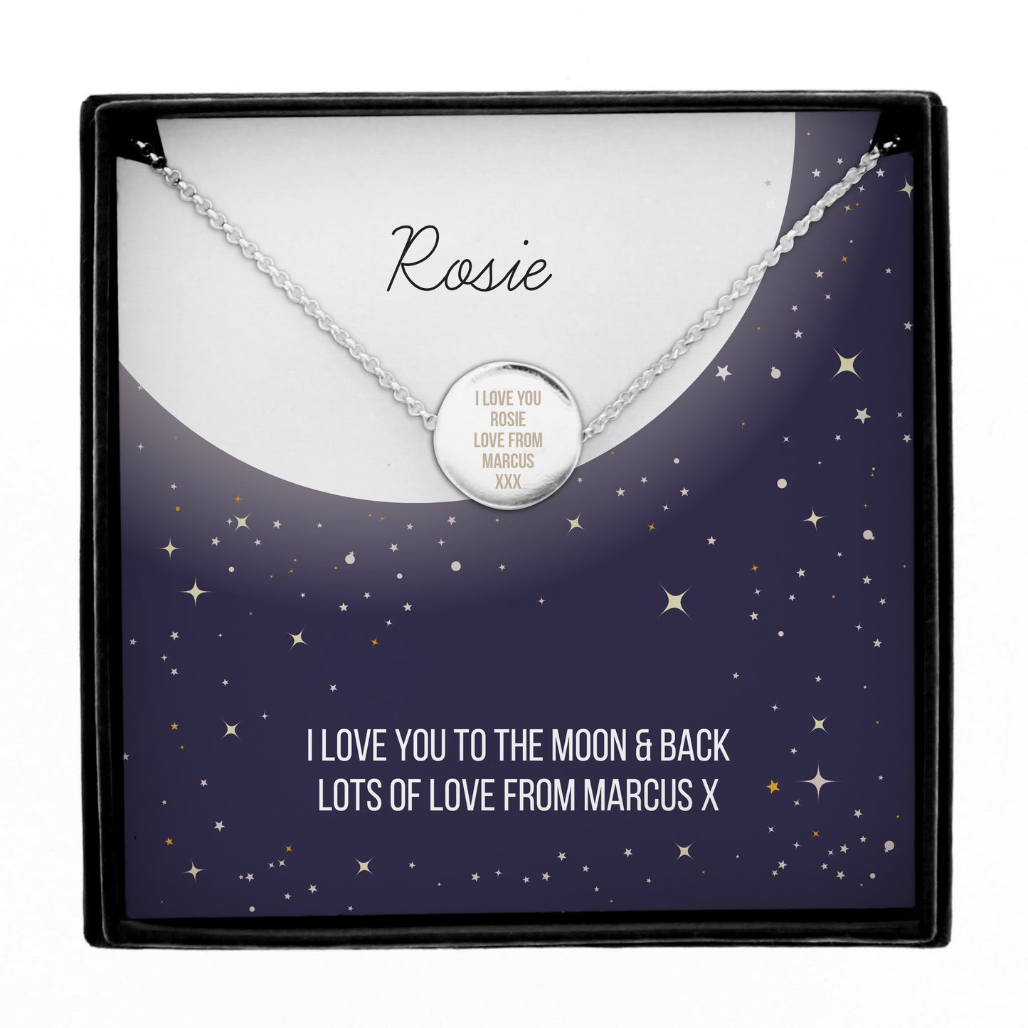 Silver necklace with a round pendant in a branded box with personalised message.