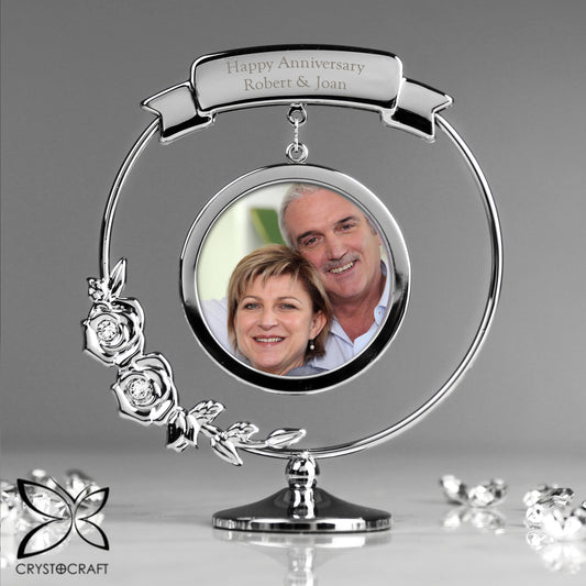 Personalised Silver anniversary photo frame with a couple's photo inside, featuring the brand 'Cryostcraft'.