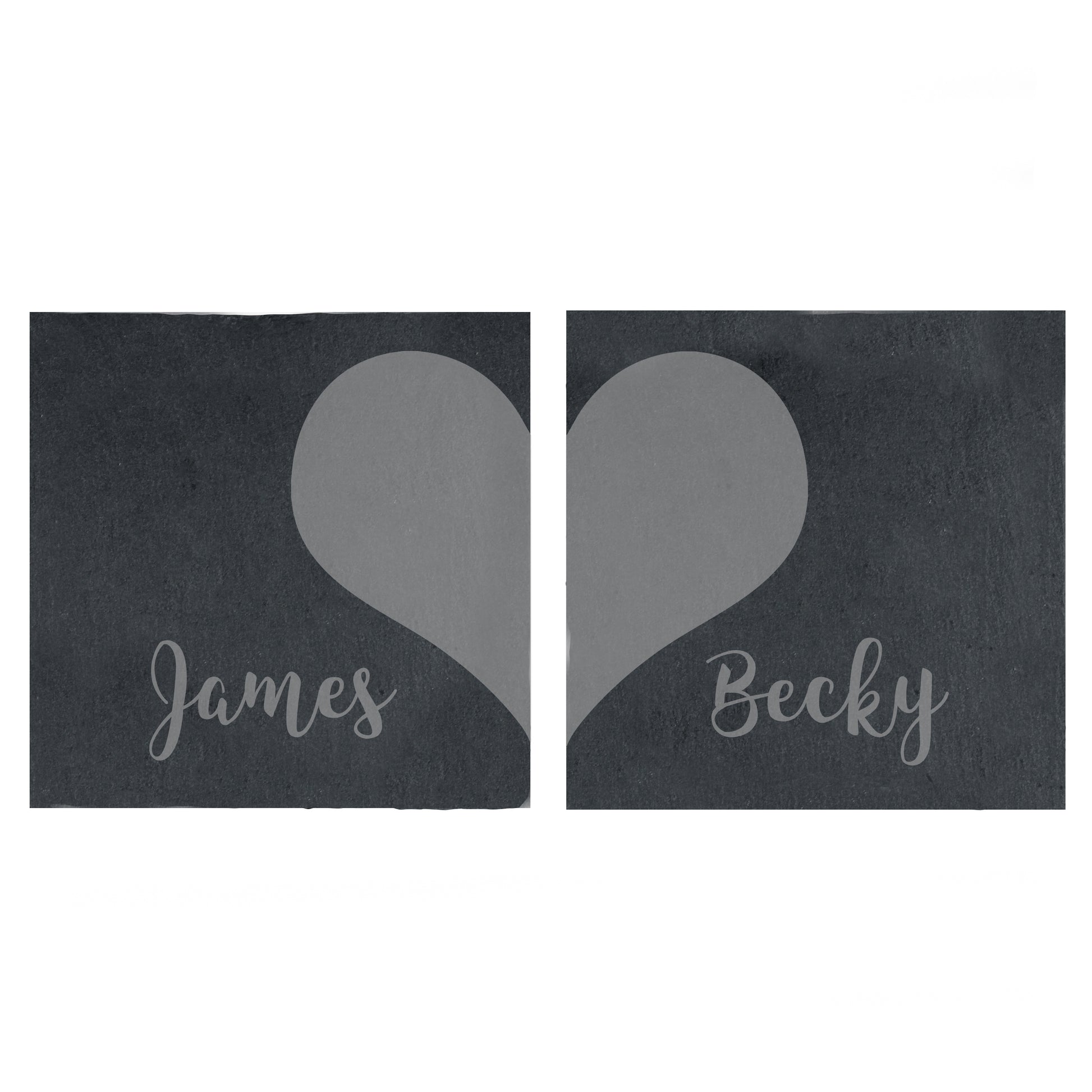 Two slate coasters with grey hearts and names 'James' and 'Becky' on a white background