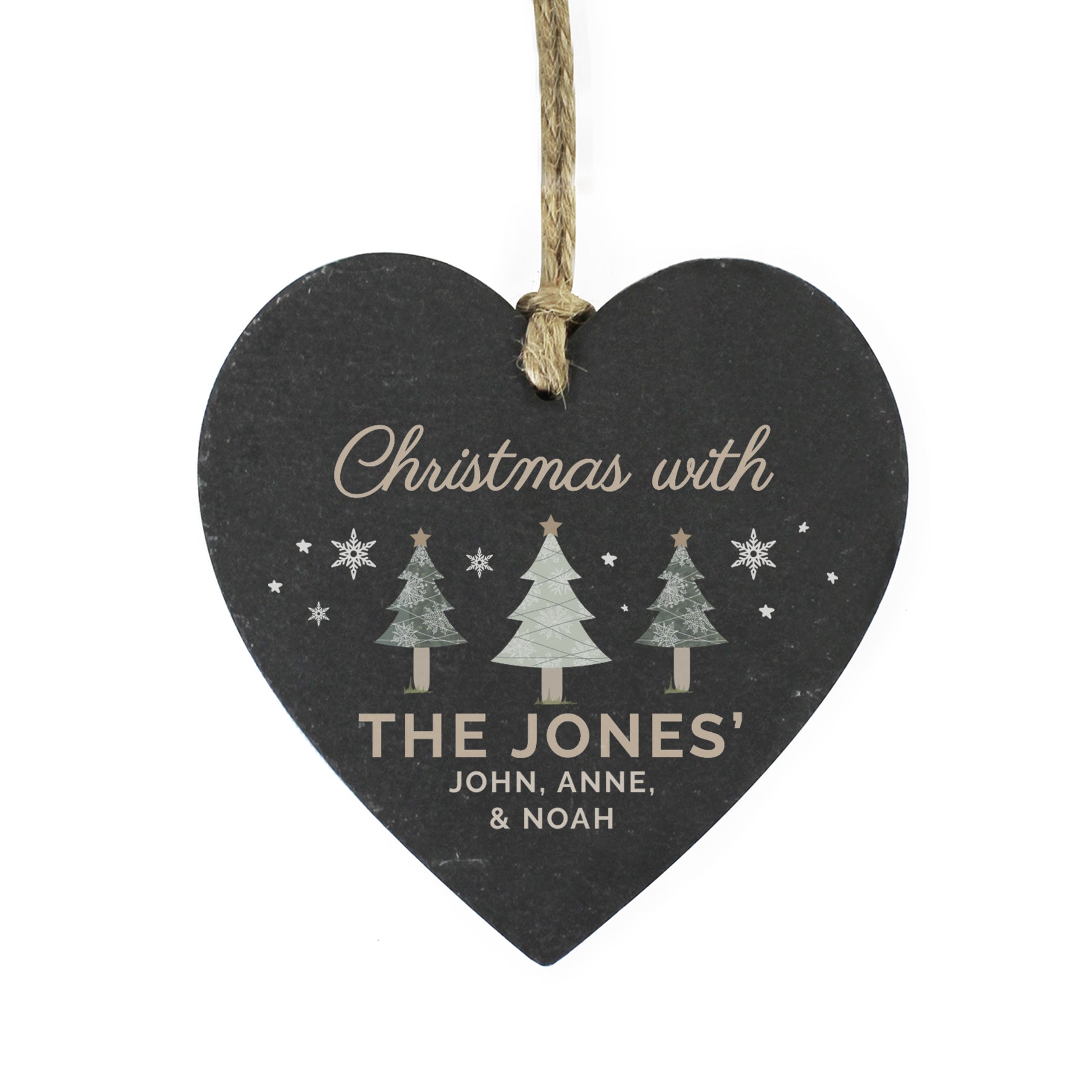 Heart-shaped black plaque with Christmas design and text 'Christmas with THE JONES' on a white background