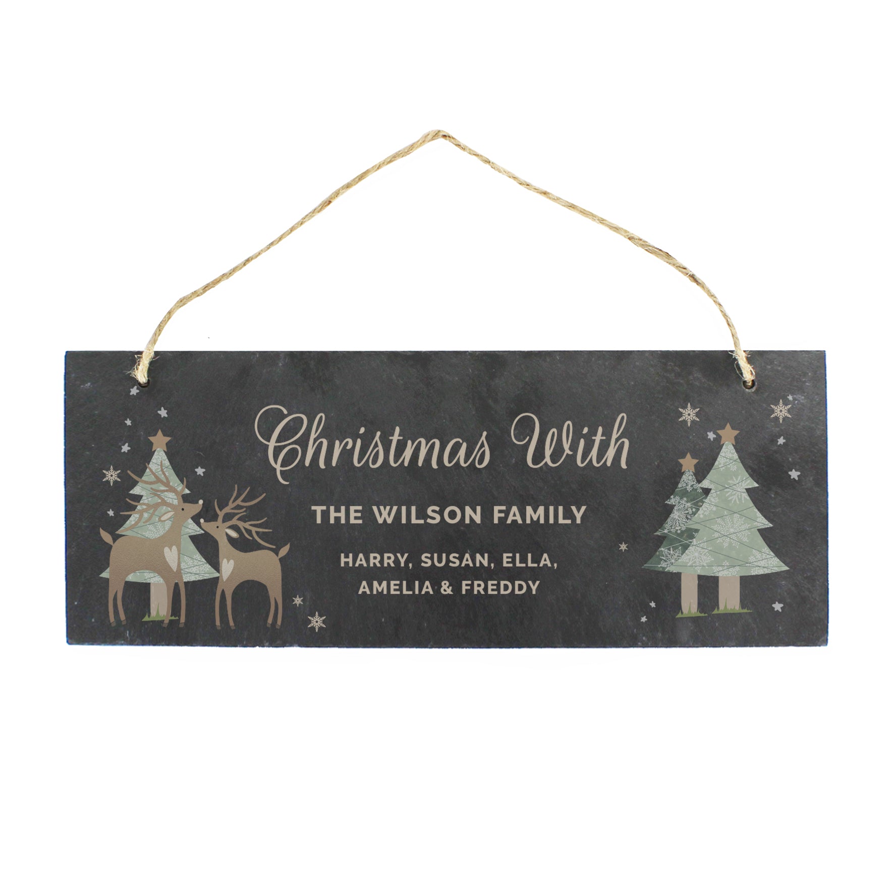 Decorative Christmas sign with reindeer and trees on a black background, featuring the text 'Christmas With THE WILSON FAMILY'.