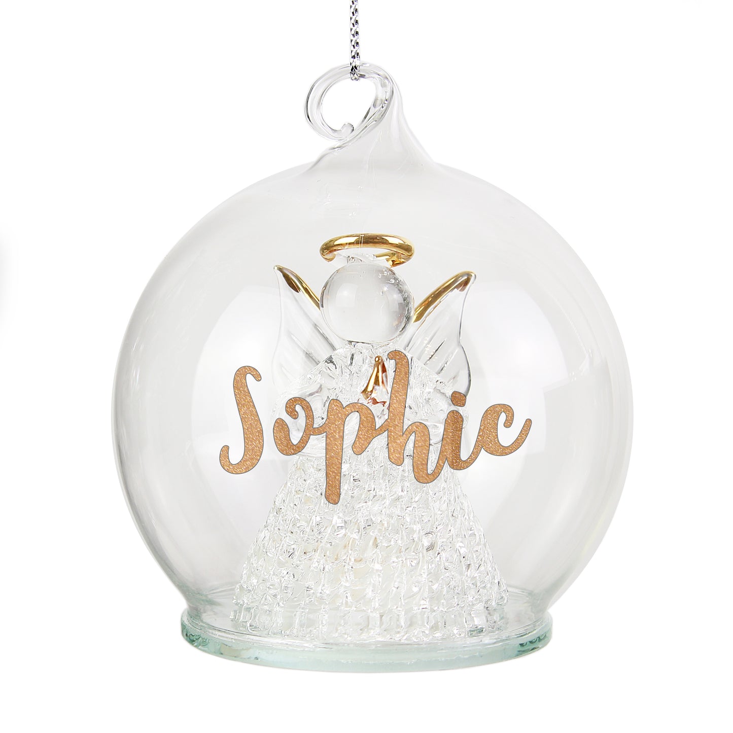 Clear glass ball with an angel figure and 'Sophie' text on a white background