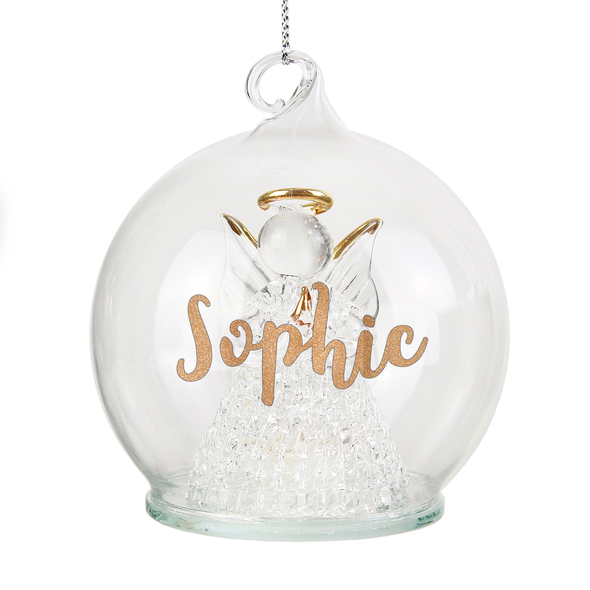 Clear glass ball with an angel figure and 'Sophie' text on a white background