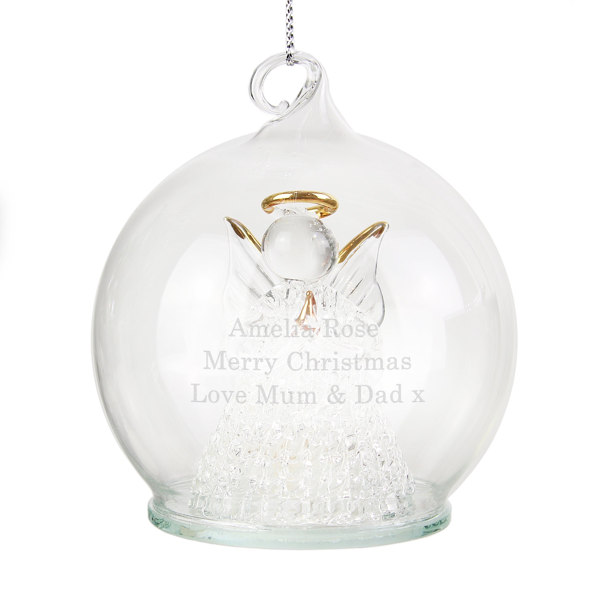Clear glass ball with angel decoration and engraved text on a white background