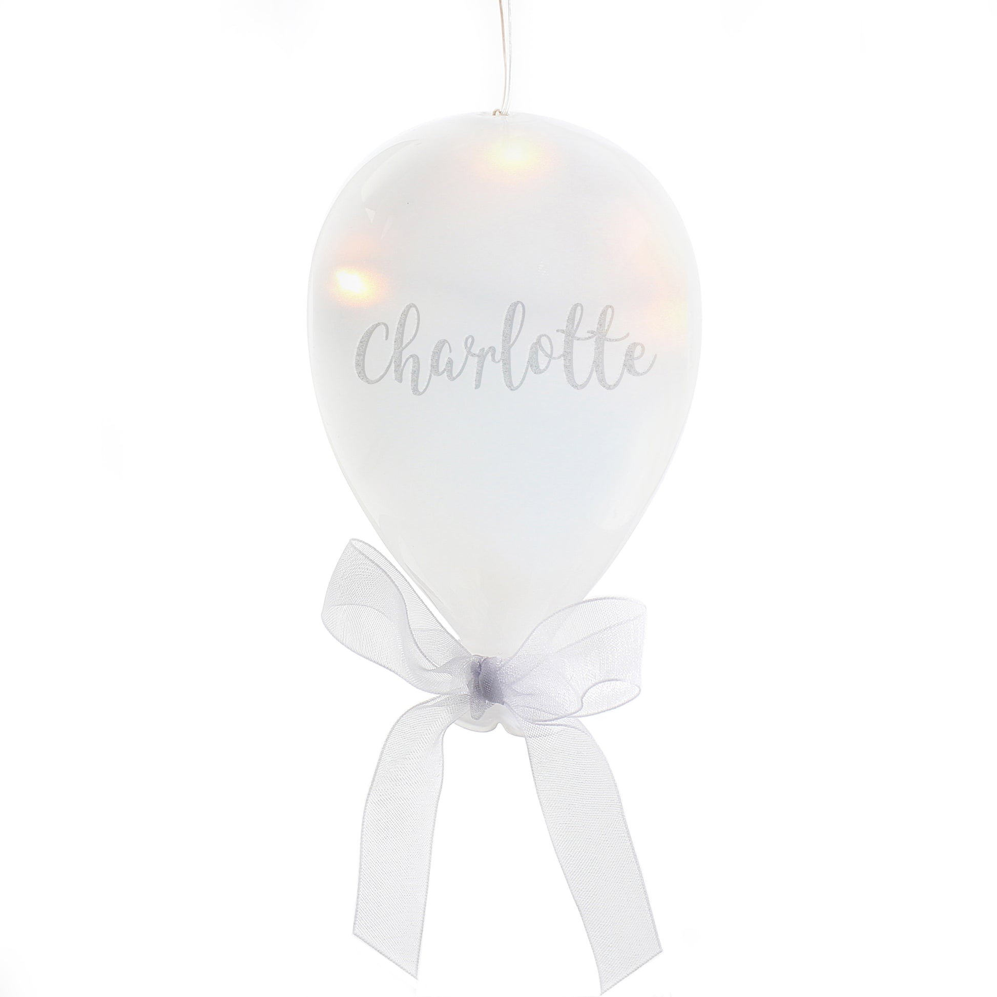Balloon light with 'Charlotte' text and a white ribbon on a white background