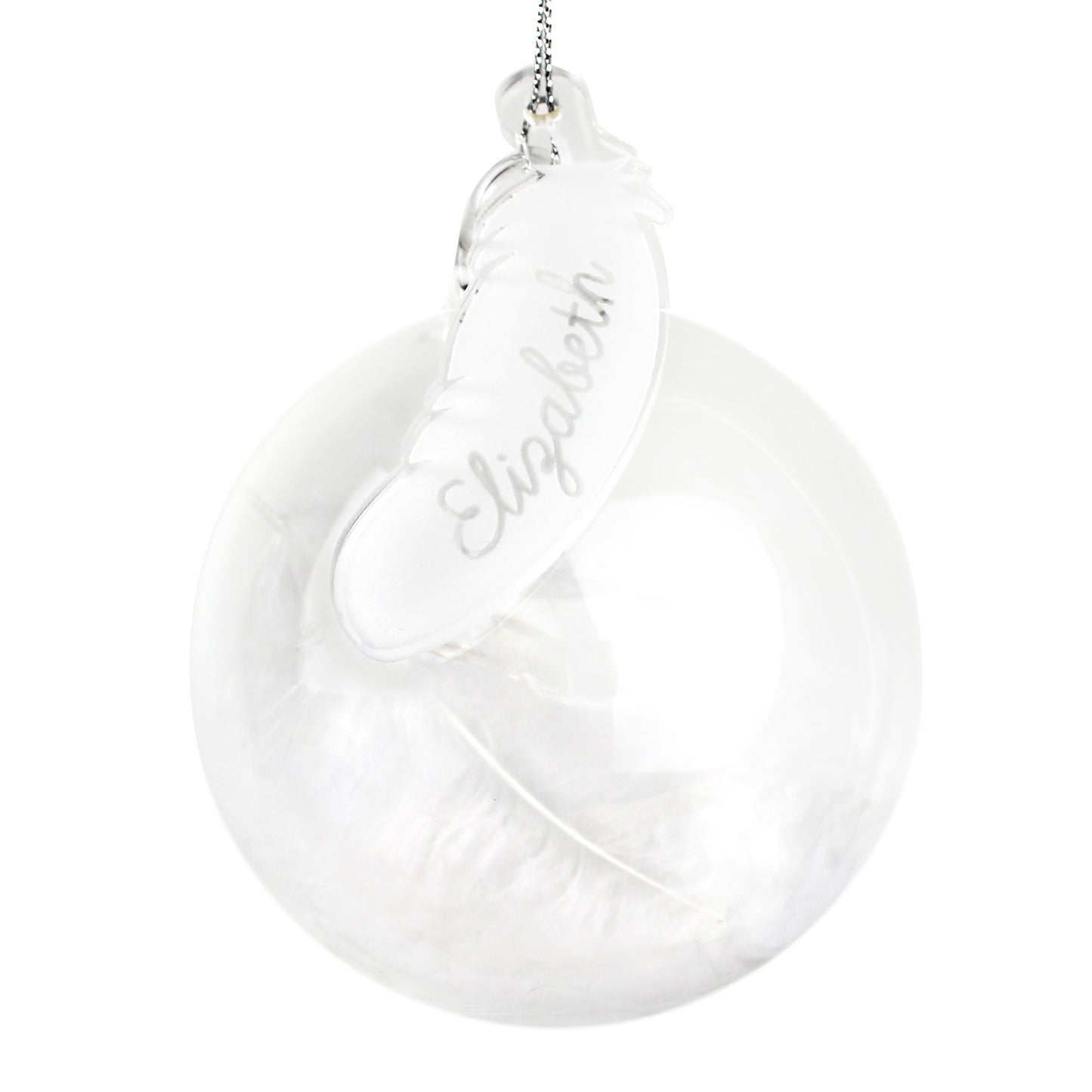 White Feather Bauble with a personalised Acrylic Feather Tag.