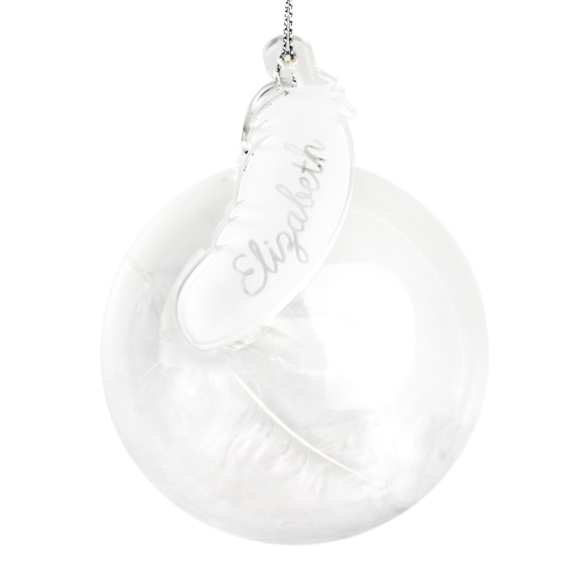White Feather Bauble with a personalised Acrylic Feather Tag.