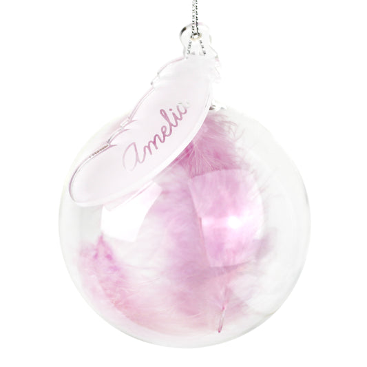 Pink feather ornament with 'Amelie' on a white background