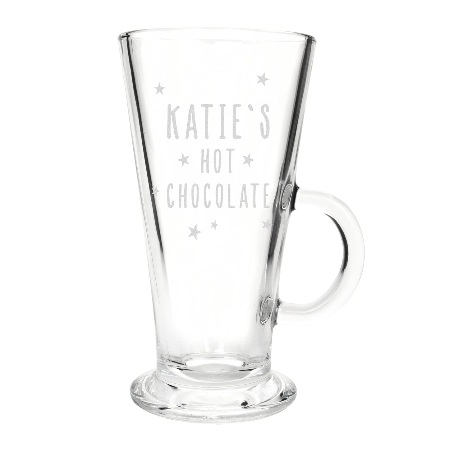 Personalised Clear glass mug with 'Katie's Hot Chocolate' text on a white background