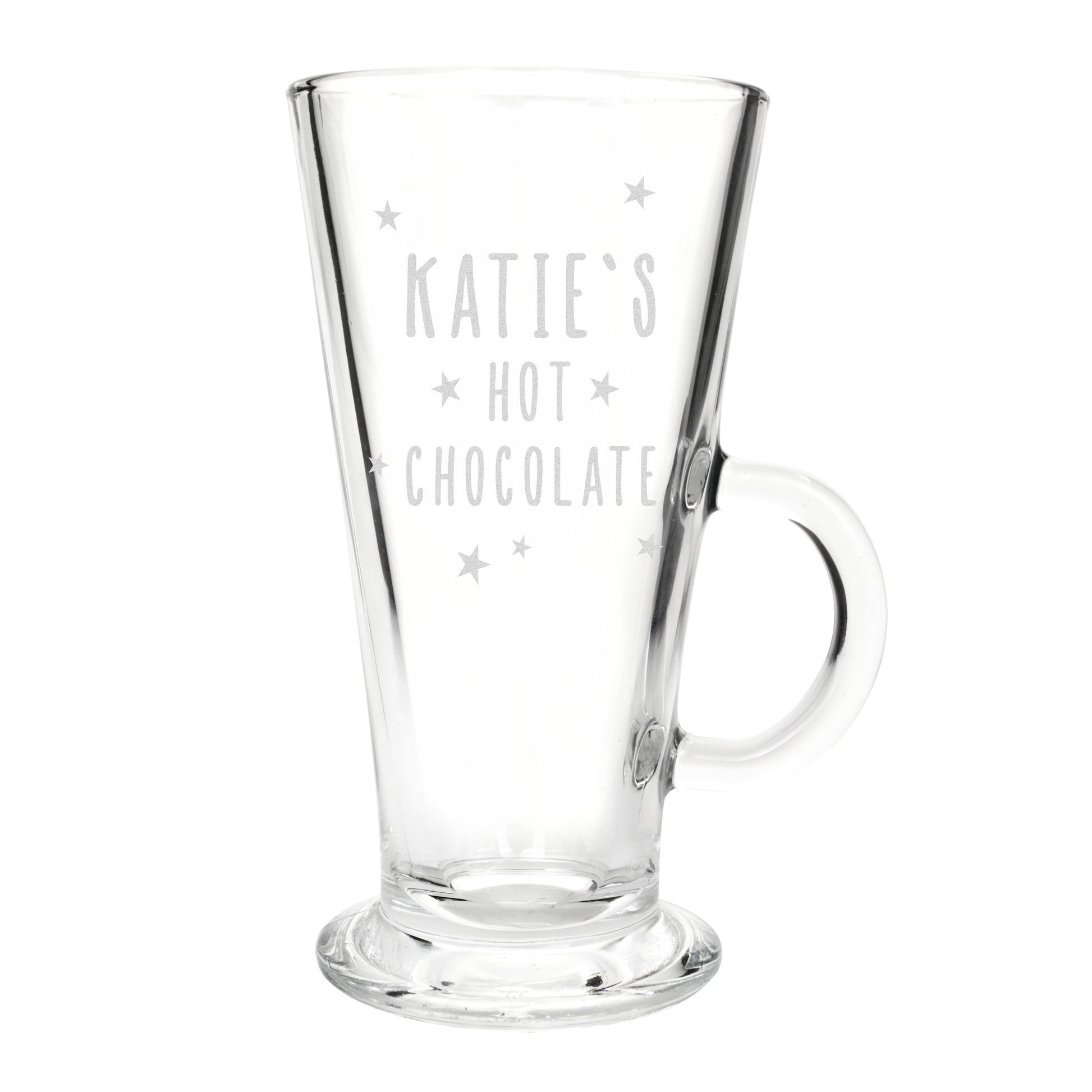 Personalised Clear glass mug with 'Katie's Hot Chocolate' text on a white background