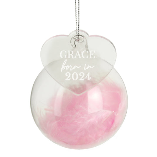 Personalised Decorative ornament with pink feather inside and 'GRACE born in 2024' text on a white background