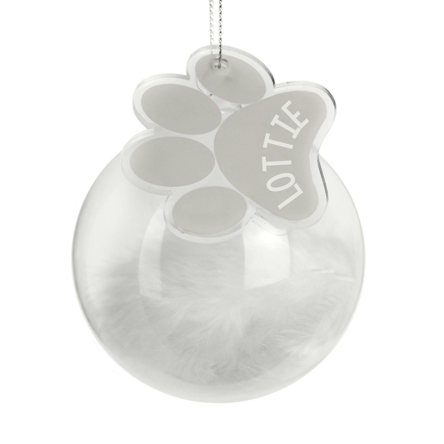 Personalised Decorative hanging ornament shaped like a paw print with 'LOTTIE', on a white background.