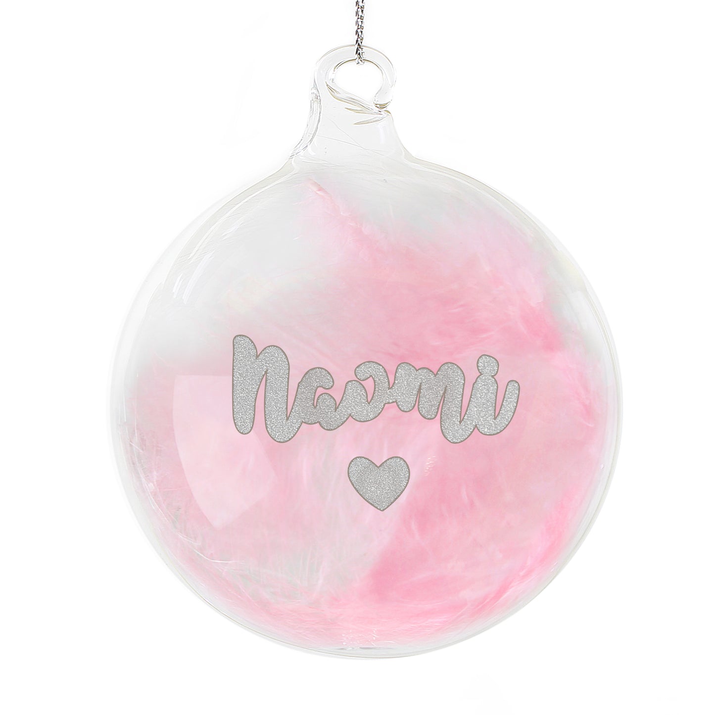 Personalised Clear ornament with pink feather and 'Naomi' text on a white background