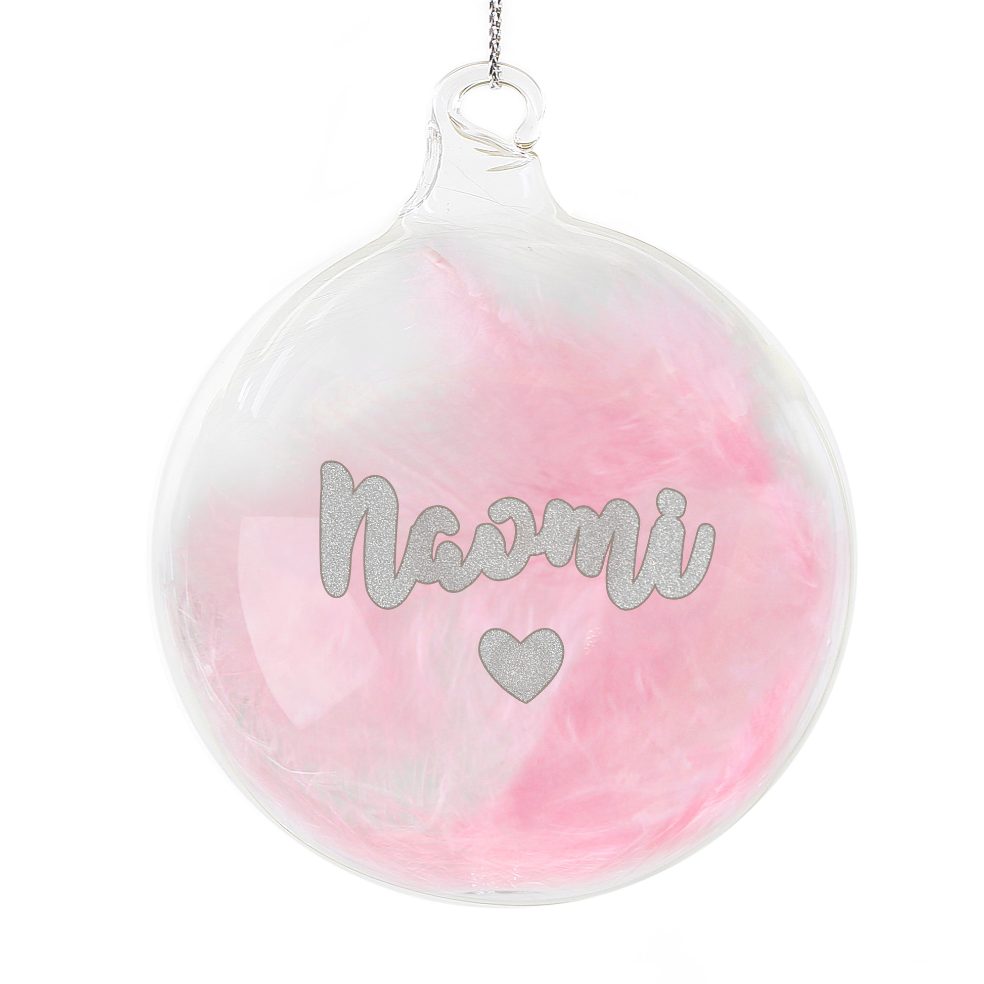 Personalised Clear ornament with pink feather and 'Naomi' text on a white background