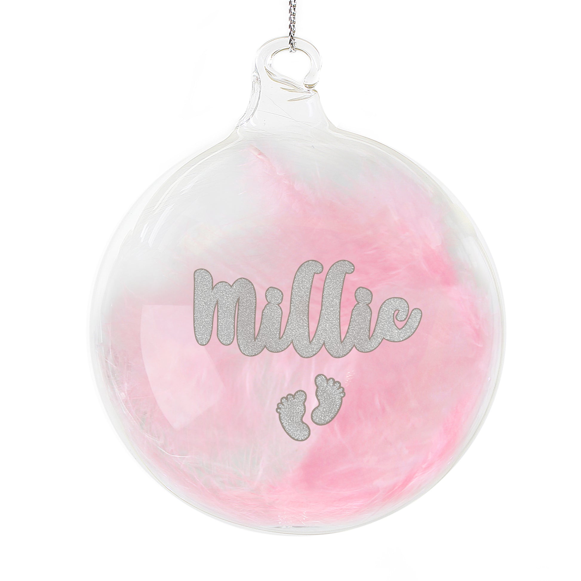 Personalised Clear ornament with pink feather and 'millie' text, on a white background