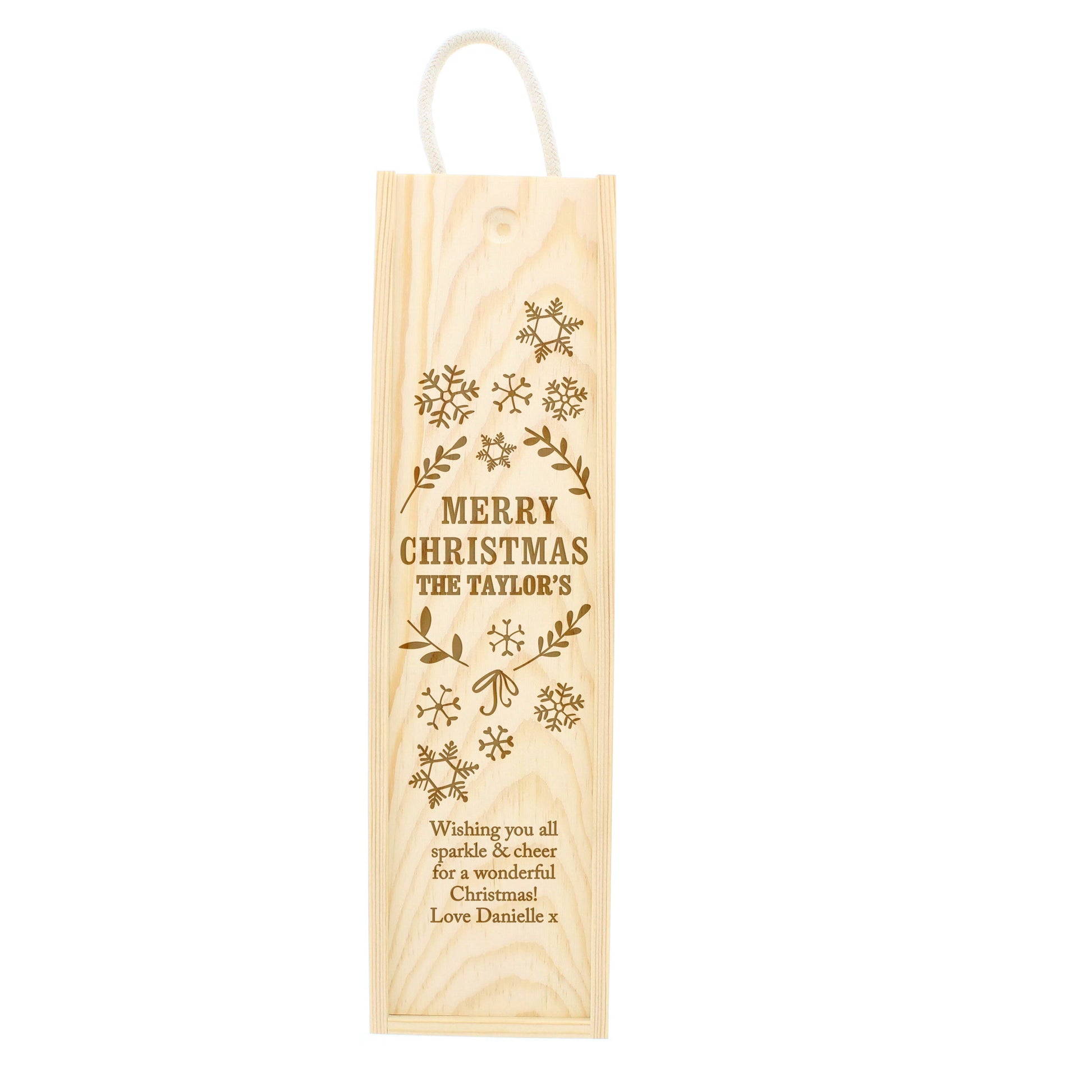 Wooden wine bottle gift bag with Christmas design and text on a white background