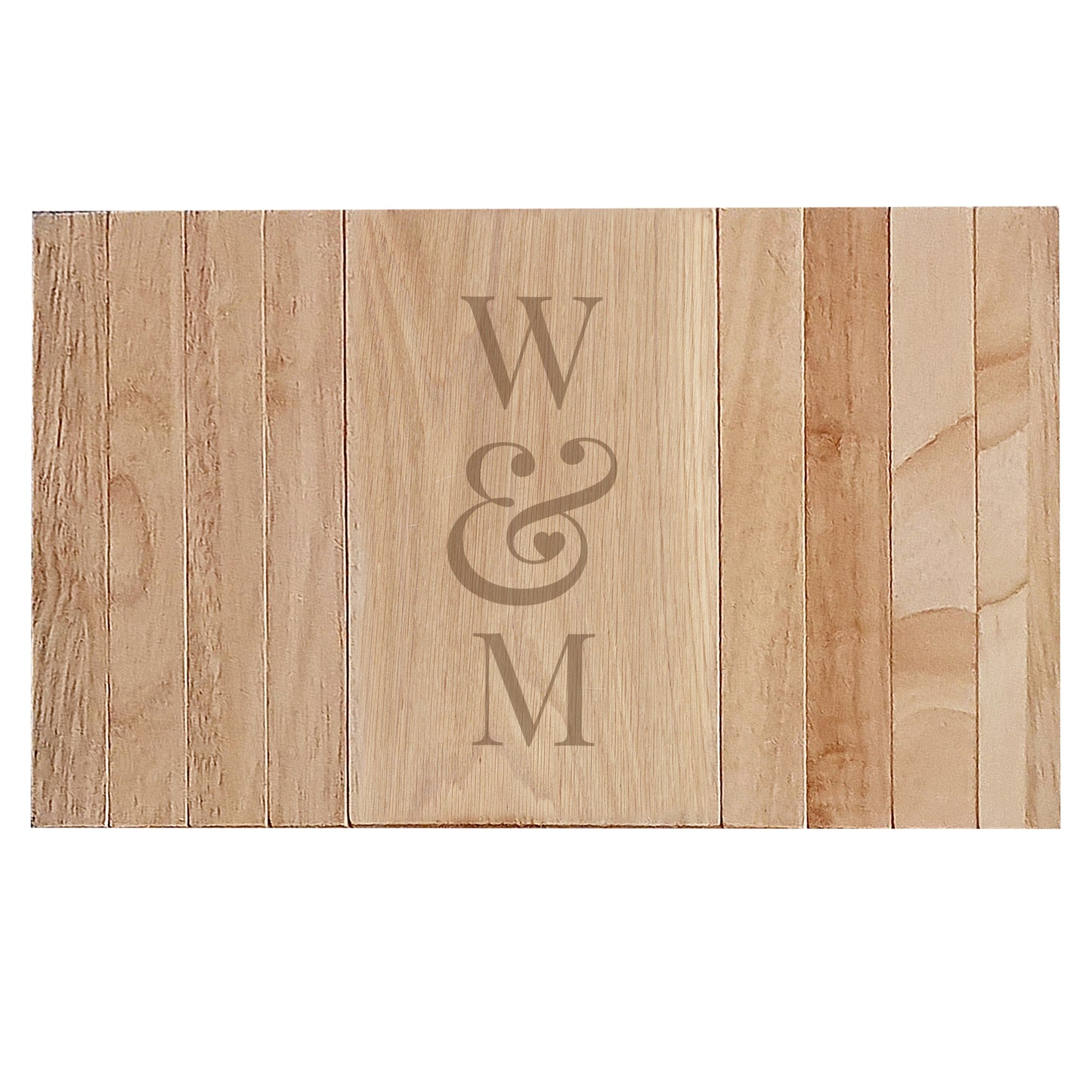 Wooden chair tray with engraved initials 'W & M' on a white background