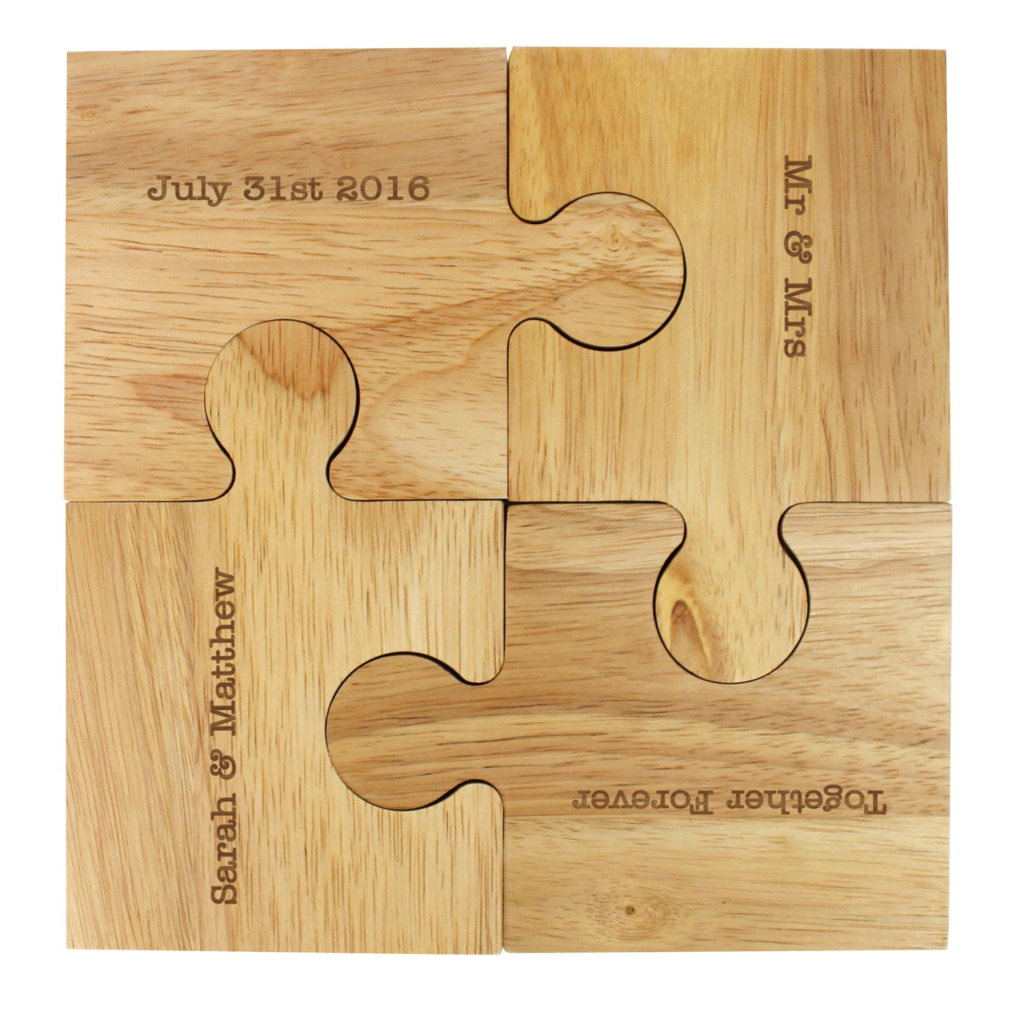 Wooden puzzle with engraved text on a white background