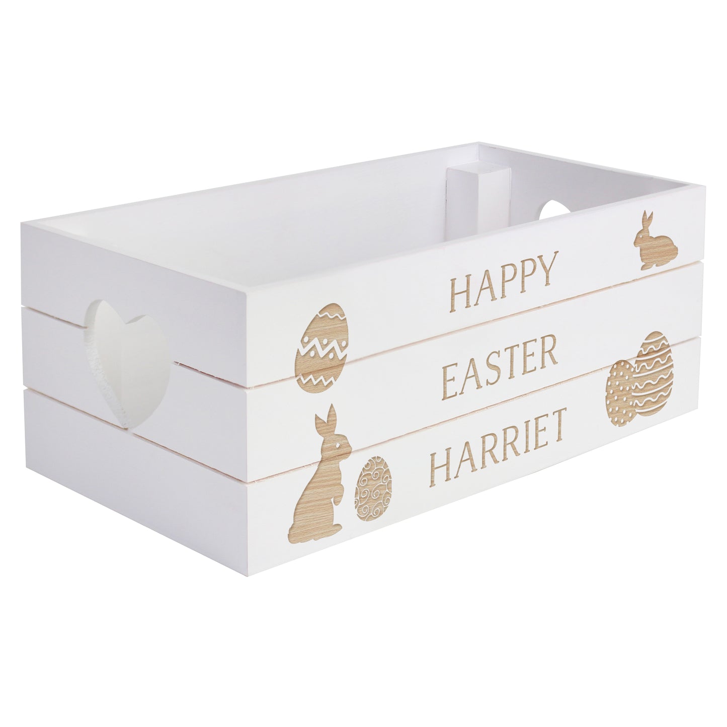 White wooden crate with Easter designs and text on a white background
