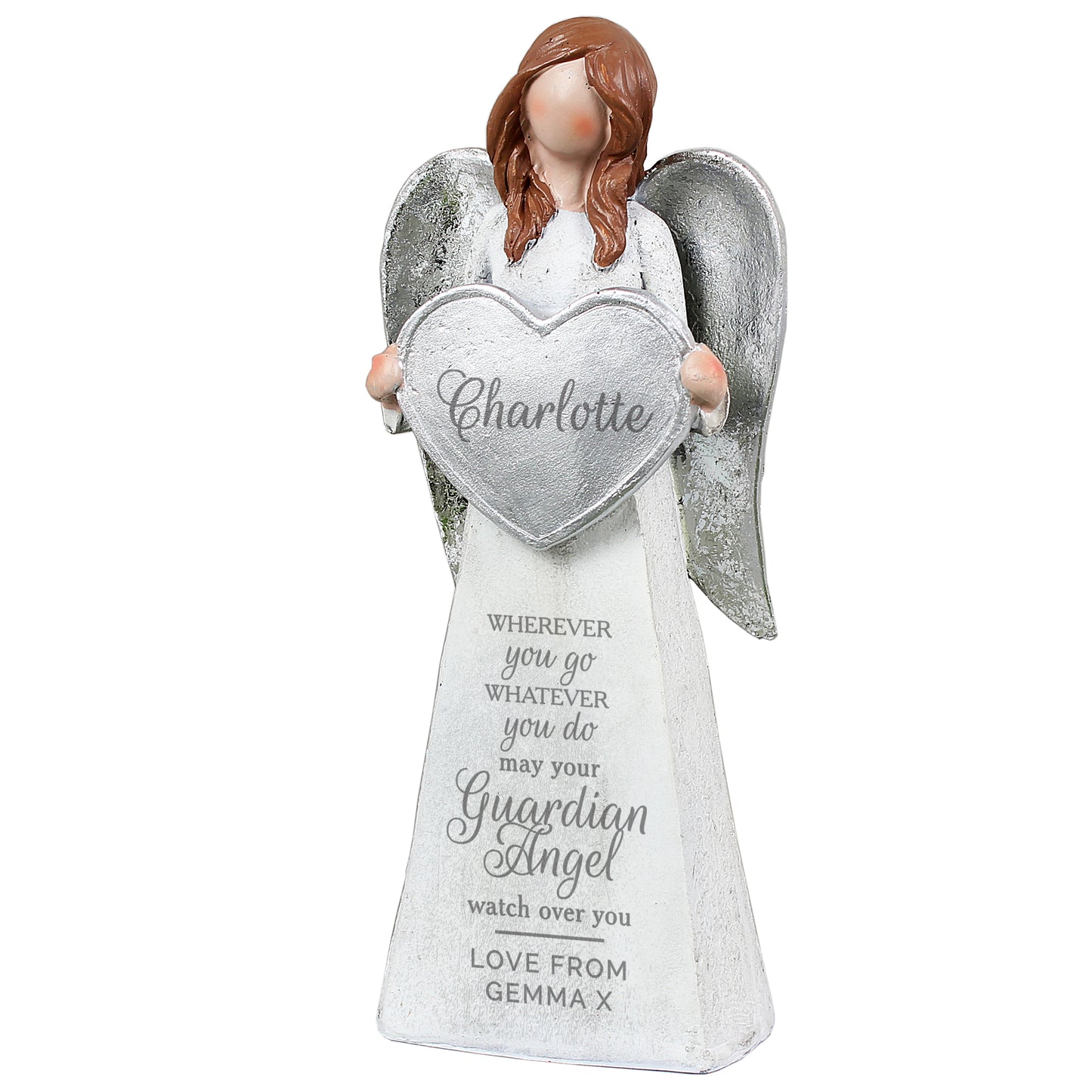 Angel figurine holding a heart-shaped plaque with engraved text on a white background