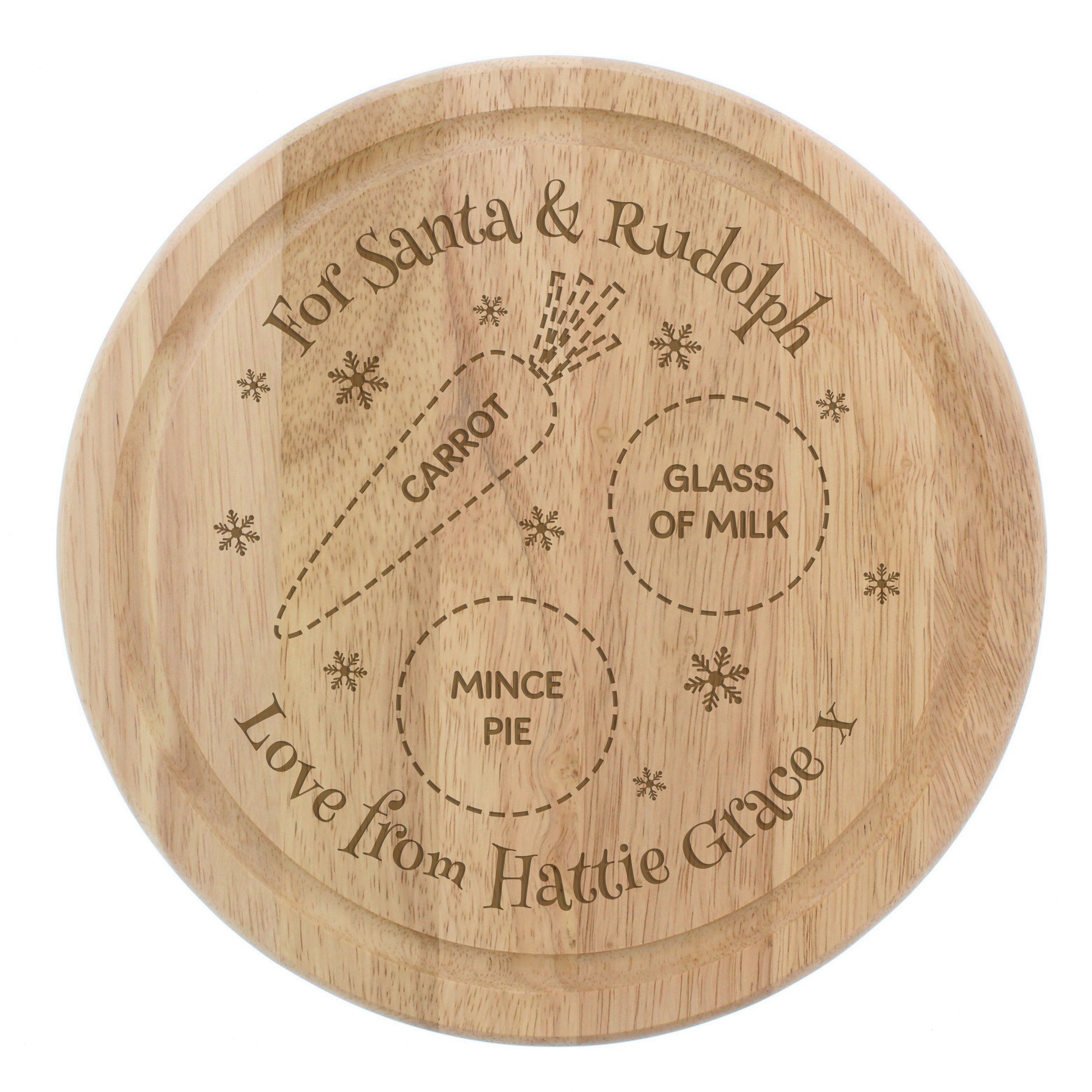 Wooden plate with engraved text for Santa and Rudolph, including a diagram of a reindeer's diet.