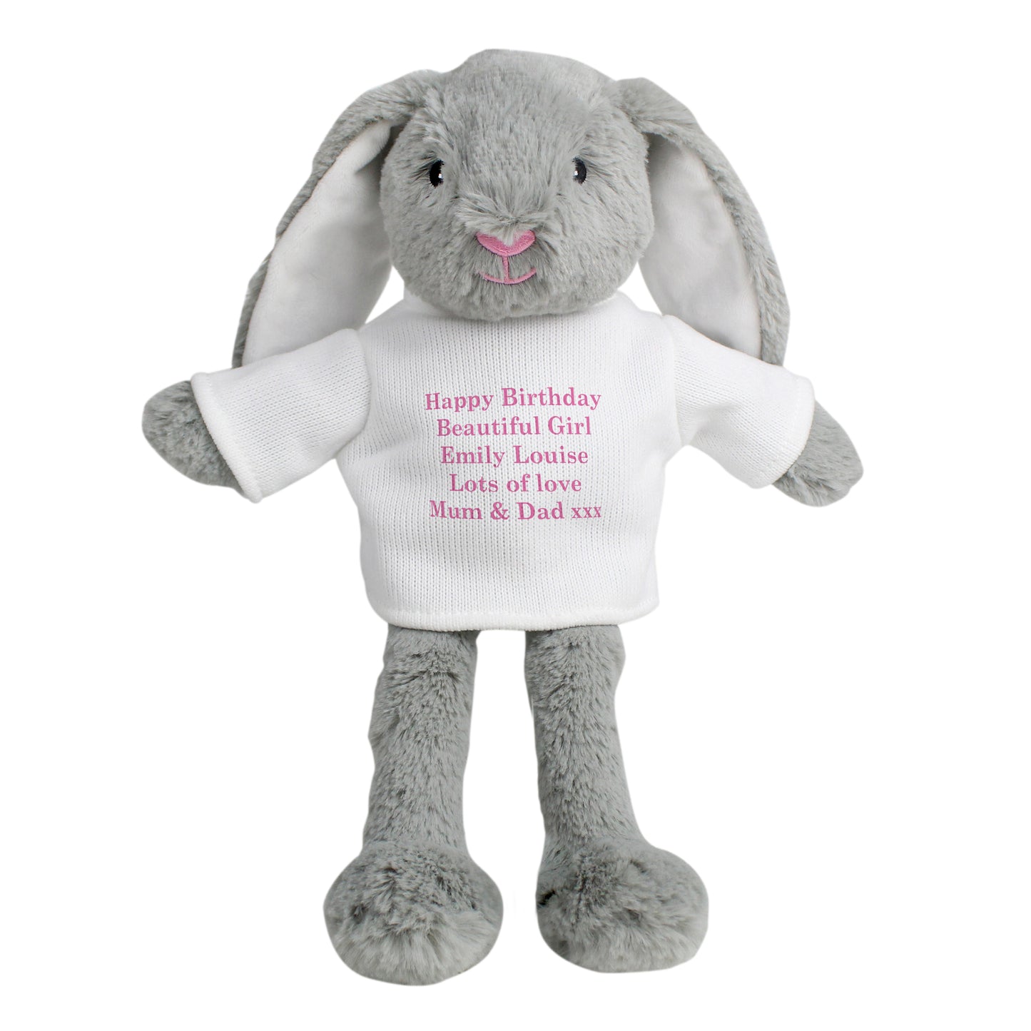 Grey plush bunny with a white shirt displaying personalised text on a white background