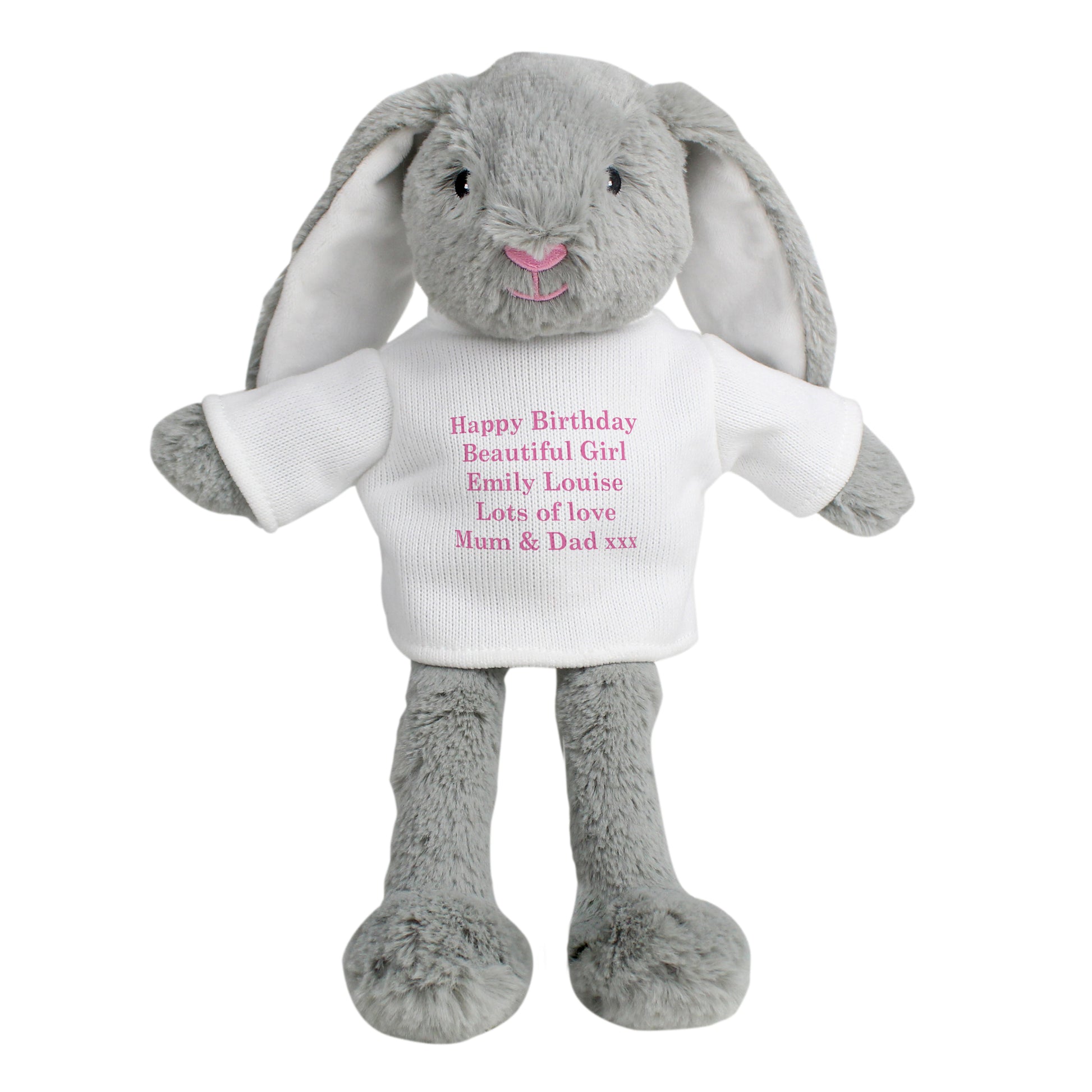 Grey plush bunny with a white shirt displaying personalised text on a white background