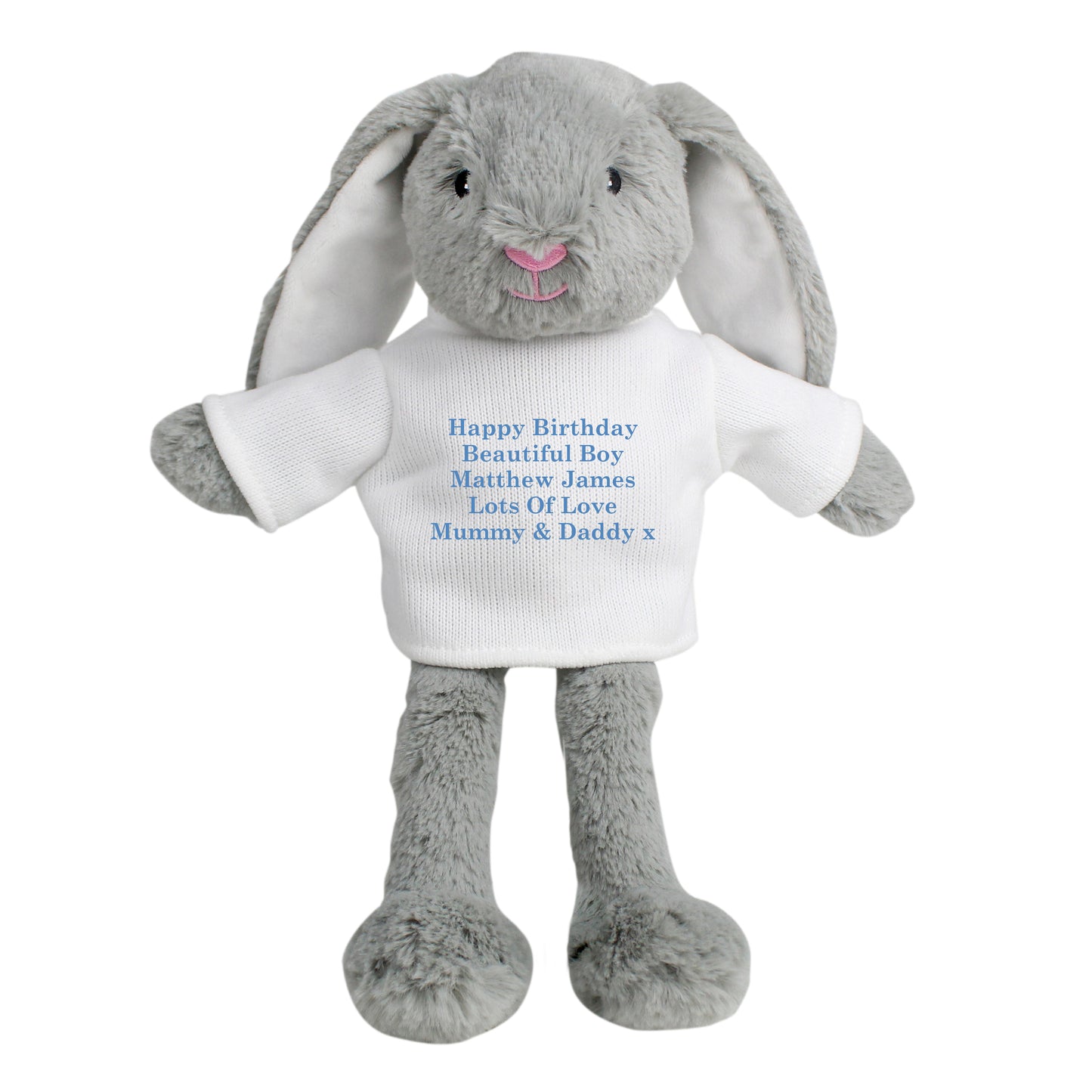 Grey plush bunny with a white shirt displaying personalised text on a white background