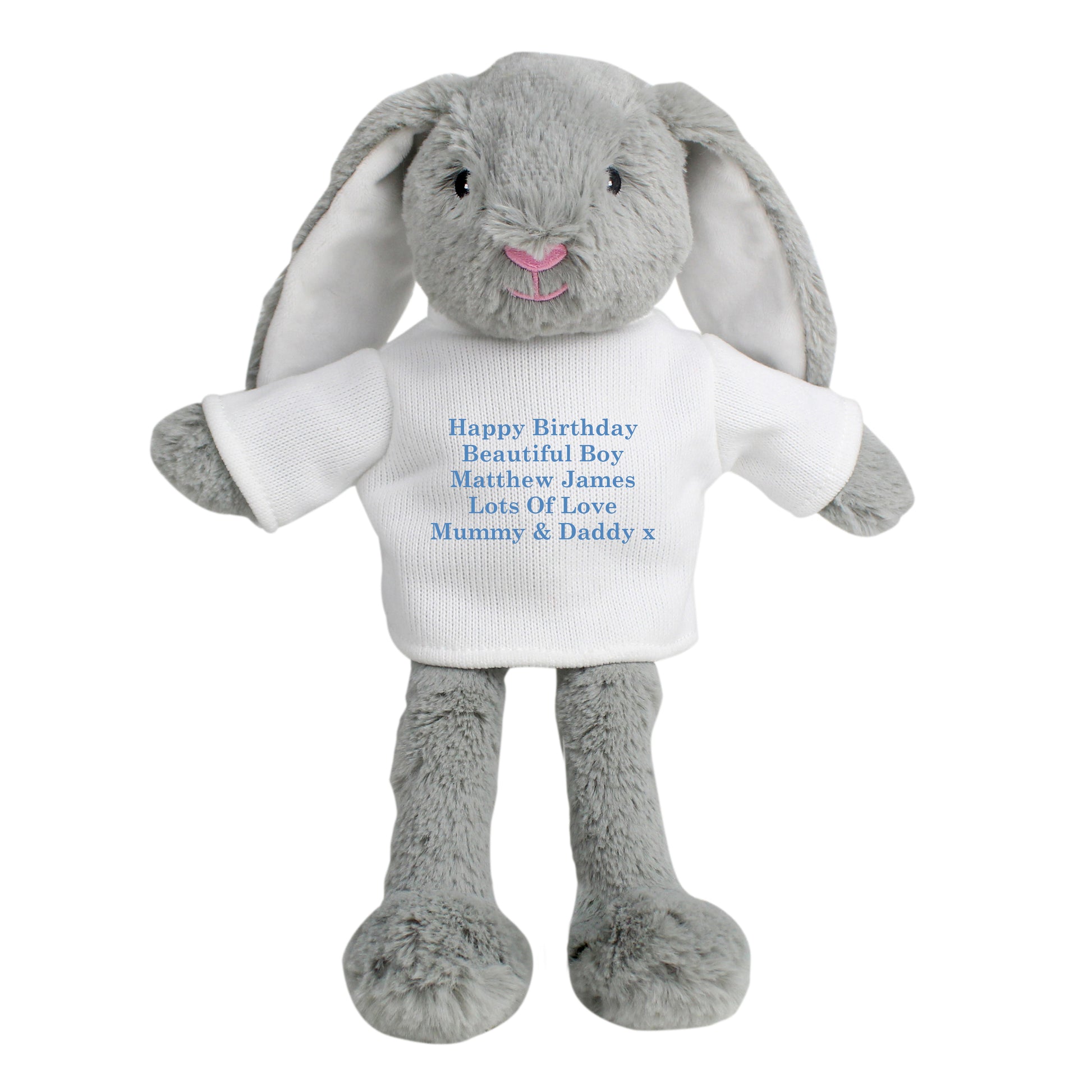 Grey plush bunny with a white shirt displaying personalised text on a white background