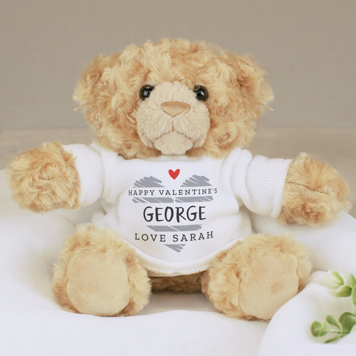 Teddy bear wearing a Valentine's Day shirt with personalized text on a white background
